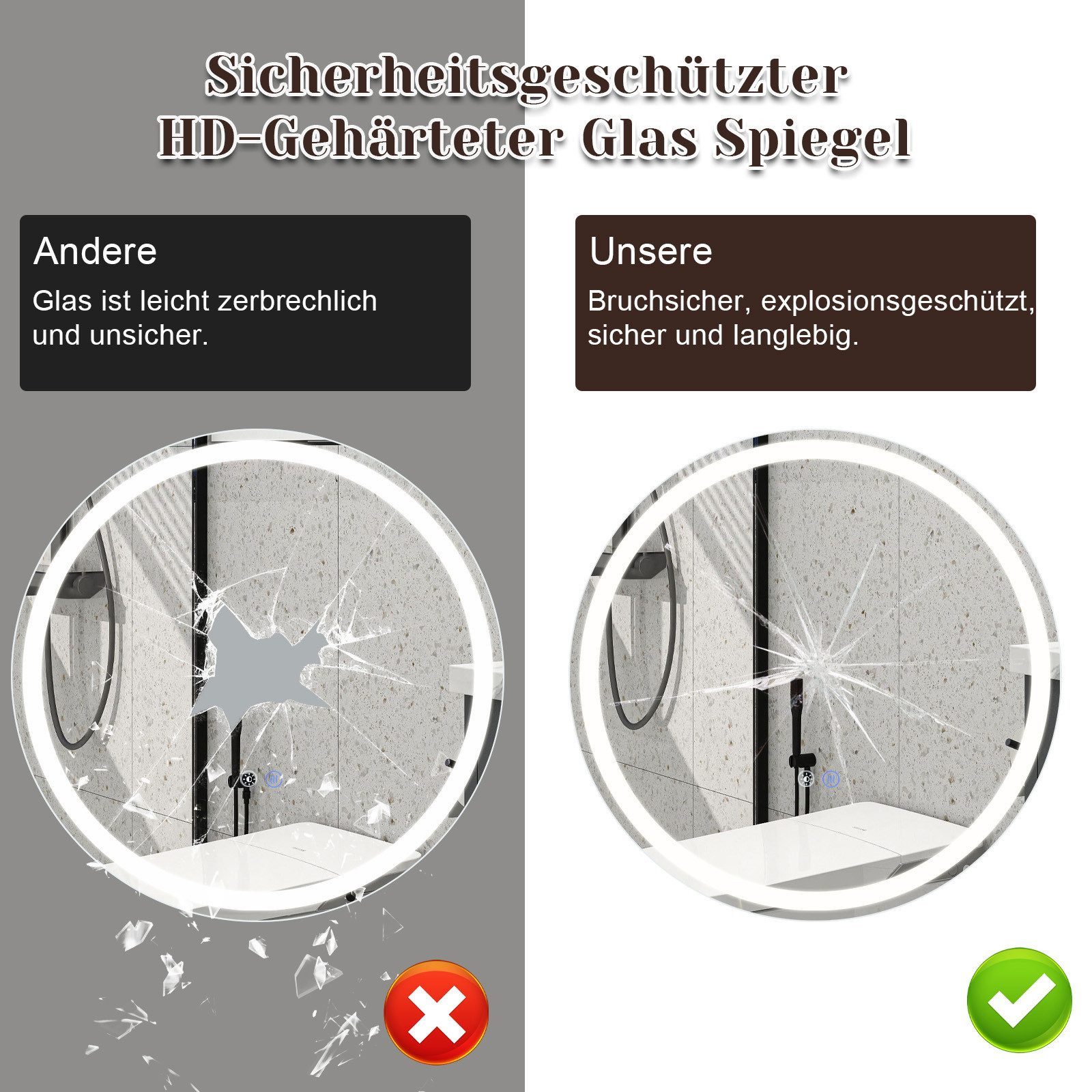 Nettlife Badspiegel Rund Touch Schalter und Entfogger Wandspiegel Beleuchtet 50/60/70/80cm, Entfogger Funktion Dimmbar Memories Funktion Ideal für Badezimmer – Bild 4 von 5