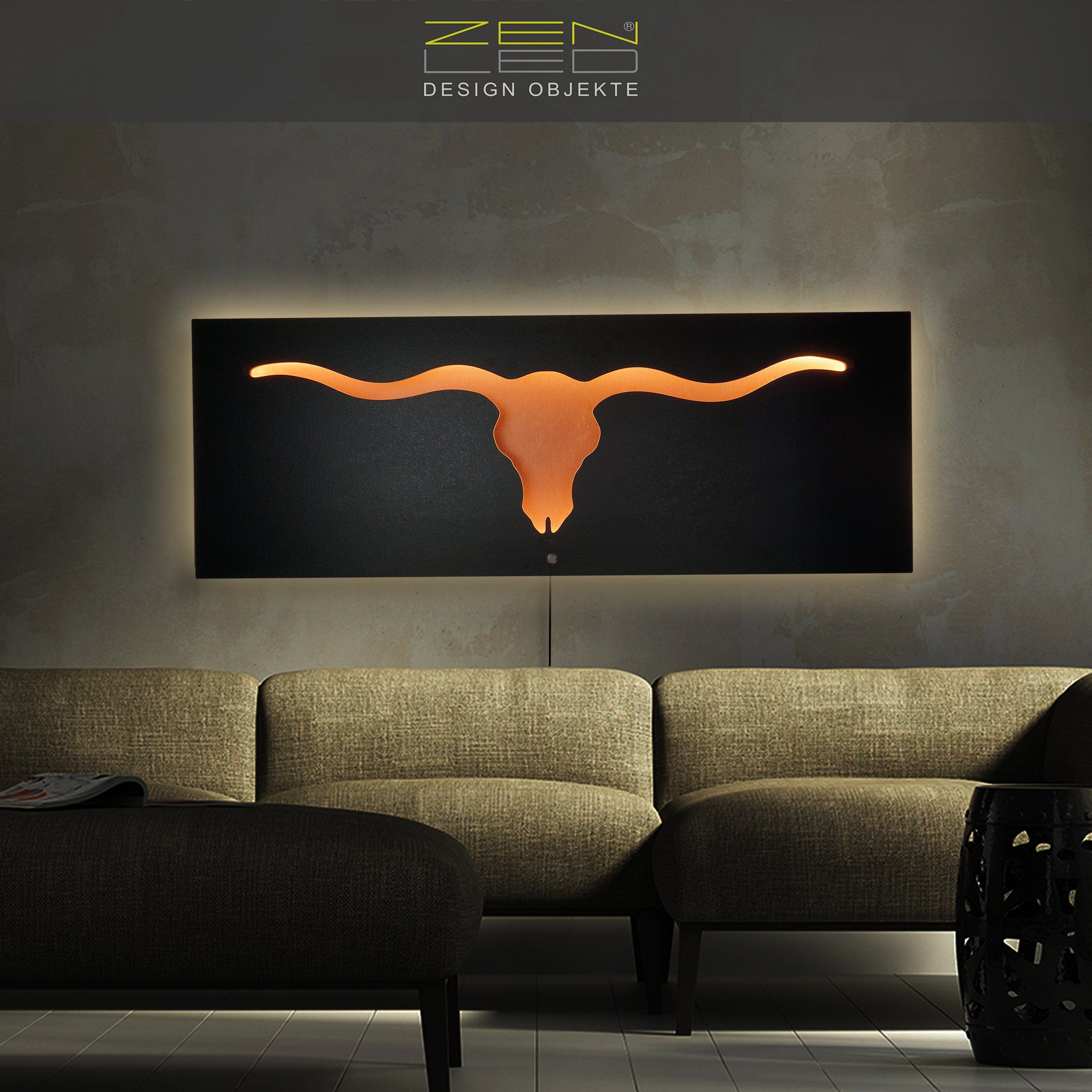 ZENLED Wanddekoobjekt TORO Stierkopf Longhorn Bull mit 3D-Effekt, Holz LEDs auf 110x40cm dimmbaren ALU Metall Doppelplatte SCHWARZ hinterleuchtete KUPFER - aus und Lichtkunst GRANIT mit