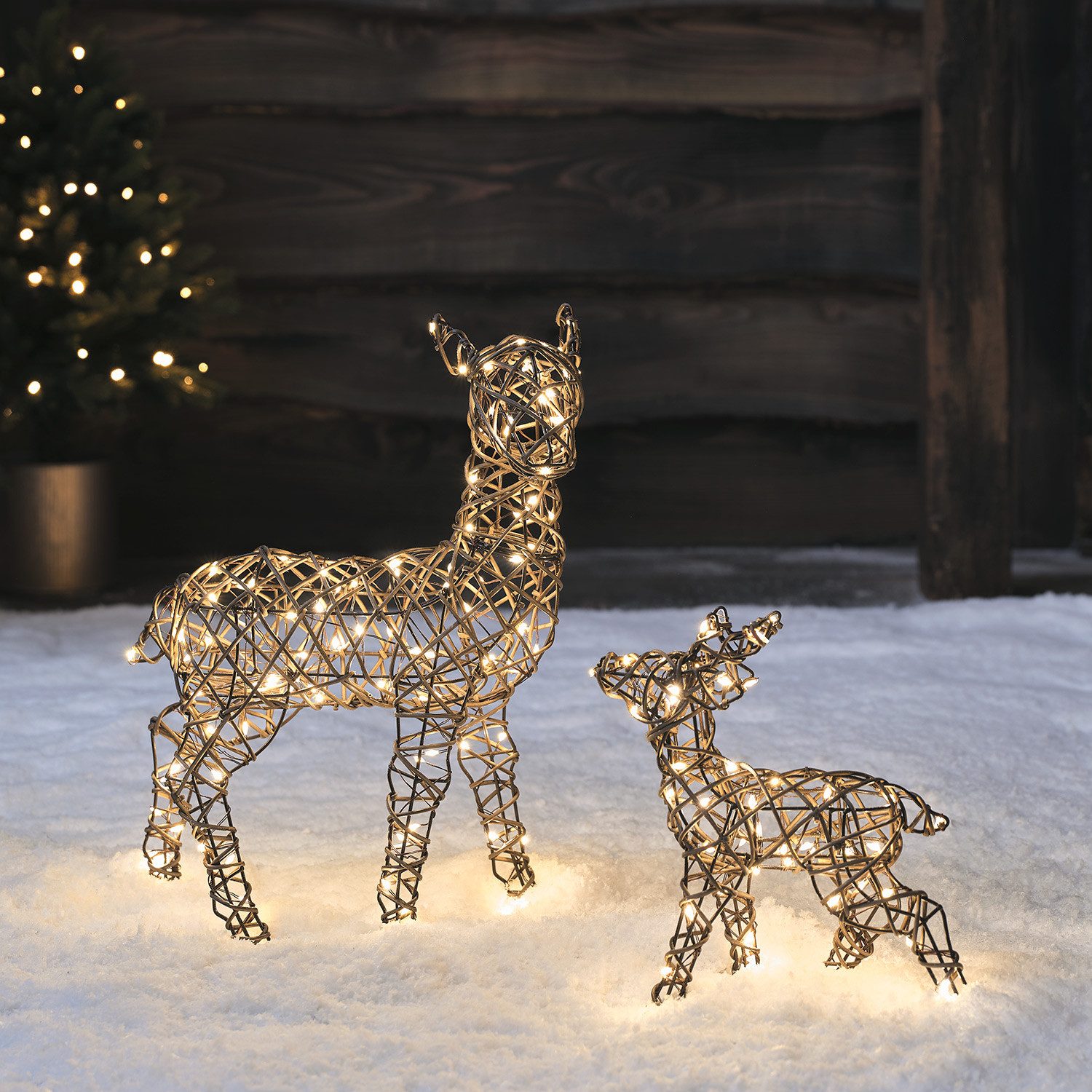 Lights4fun LED-Dekofigur 2er Set Mini LED-Rentier Hirschkuh & Rehkitz Studley, Weihnachtsbeleuchtung, Höhe: 45cm & 25cm