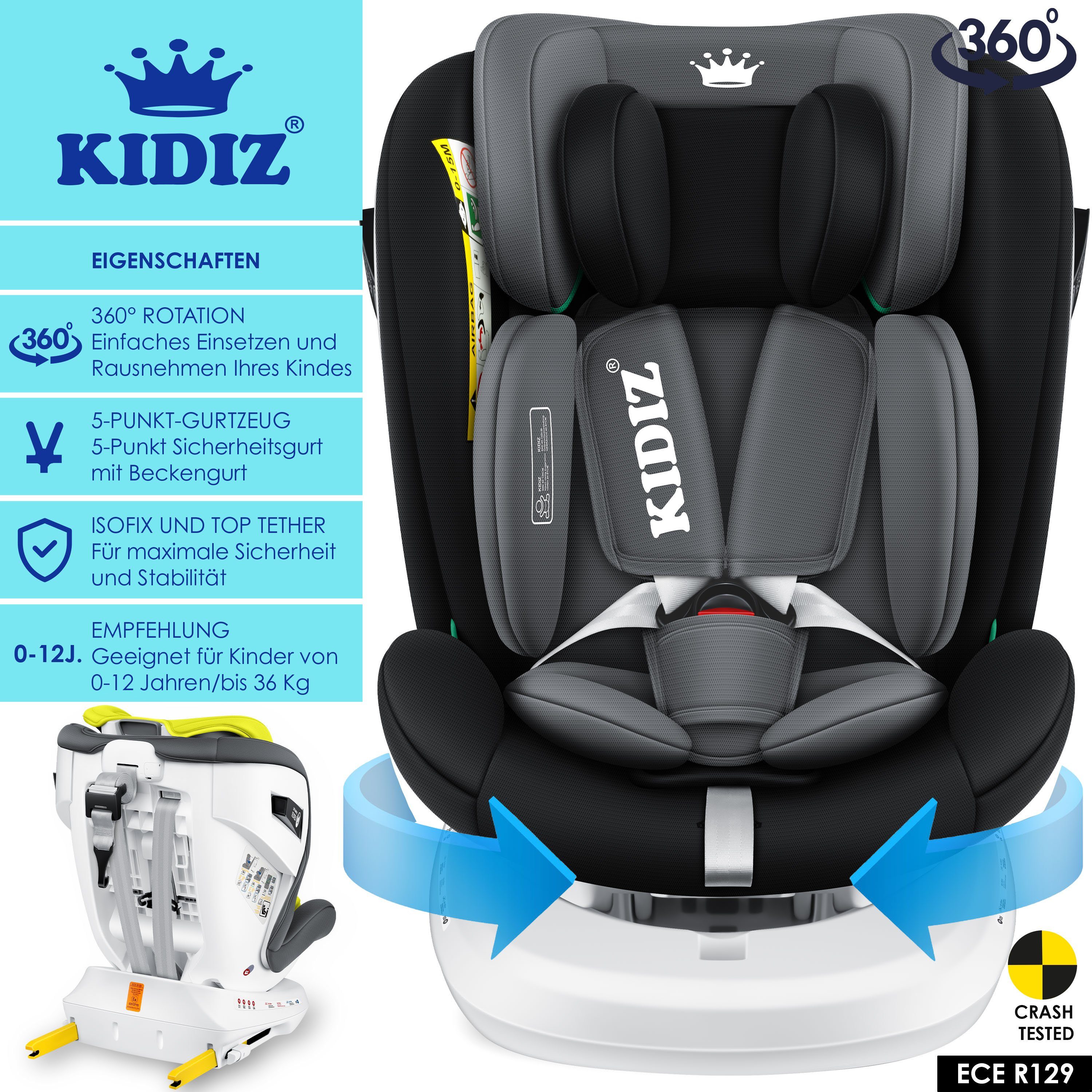 KIDIZ Autokindersitz, Kindersitz Baby Autositz Kinderautositz Isofix Top Tether 360