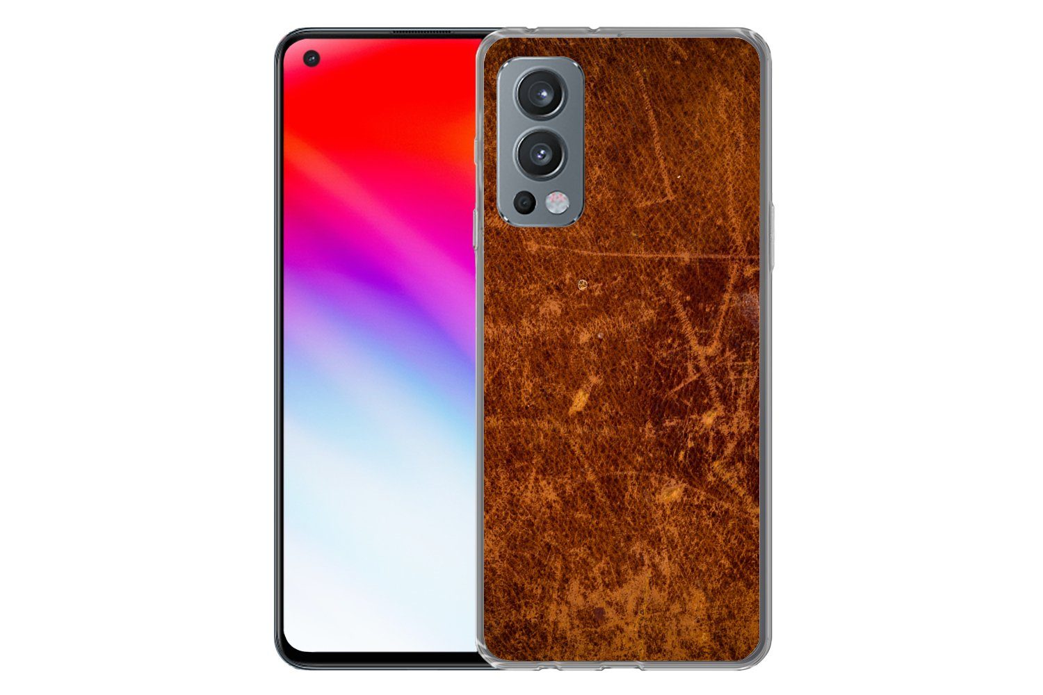 MuchoWow Handyhülle für OnePlus Nord 2 5G Leder - Lederoptik - Braun - Orange, Phone Case, Silikon, Schutzhülle Dünn