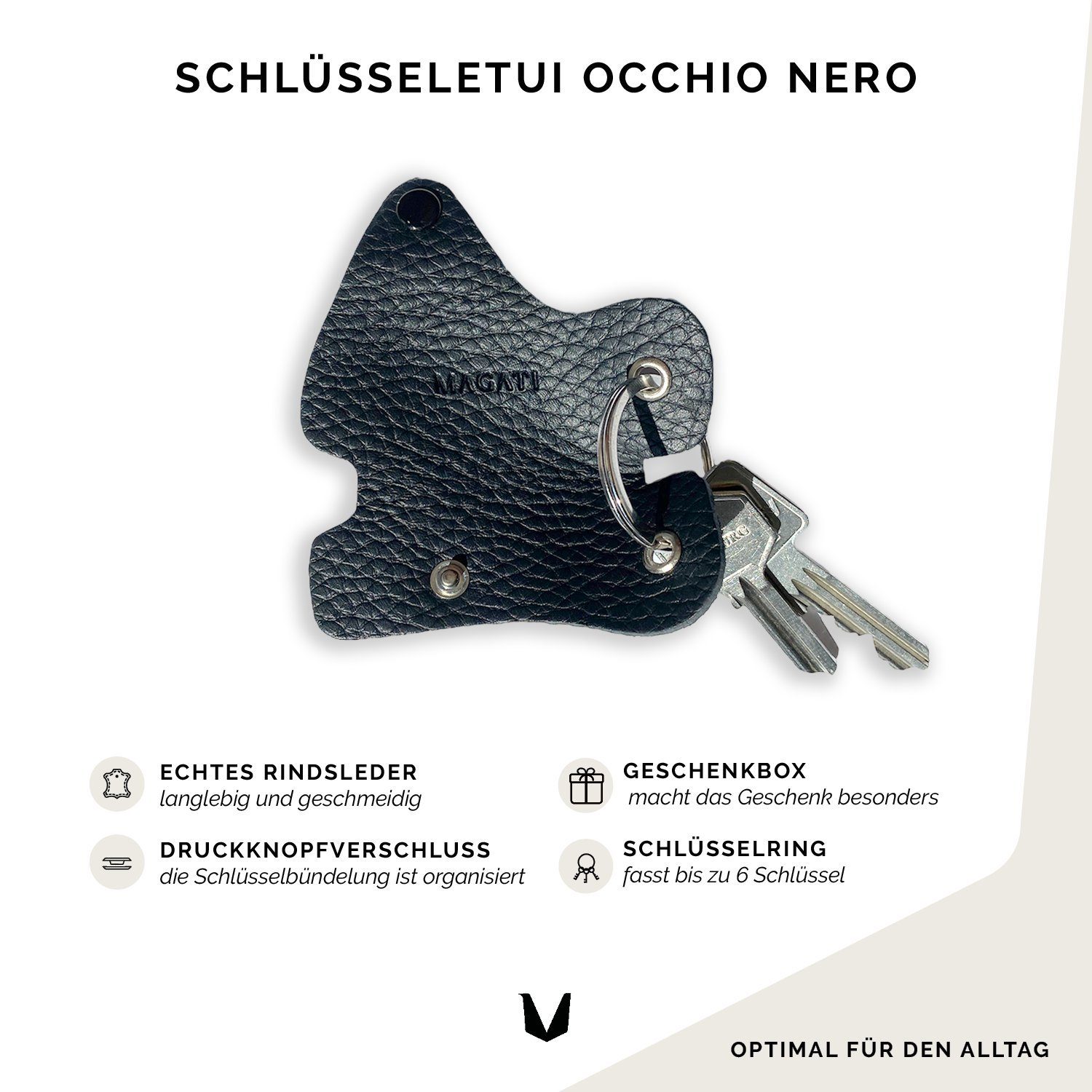 MAGATI Schlüsseltasche Occhio Nero aus Leder Schwarz Schlüsselanhänger Einkaufswagenlöser, Schlüssel, 1-6 mit für Platz