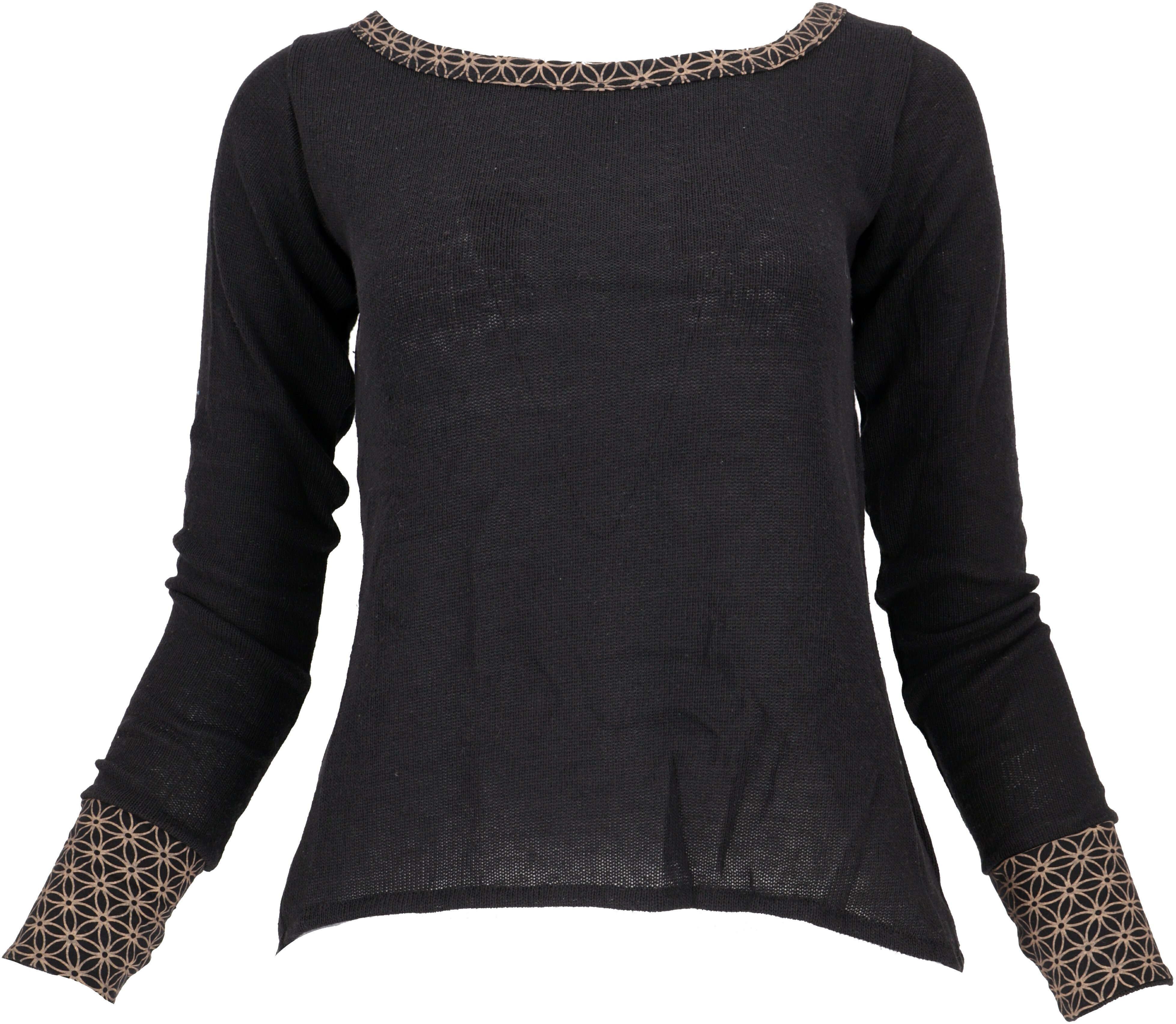 Guru-Shop Longsleeve Psytrance Feinstrick Shirt, mit.. Langarmshirt alternative schwarz Bekleidung