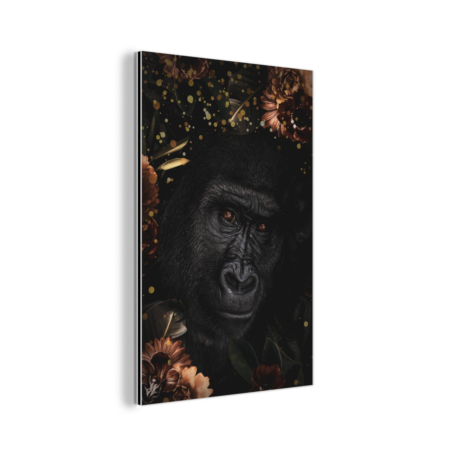 Metallbild Gorilla - Blumen - Gold