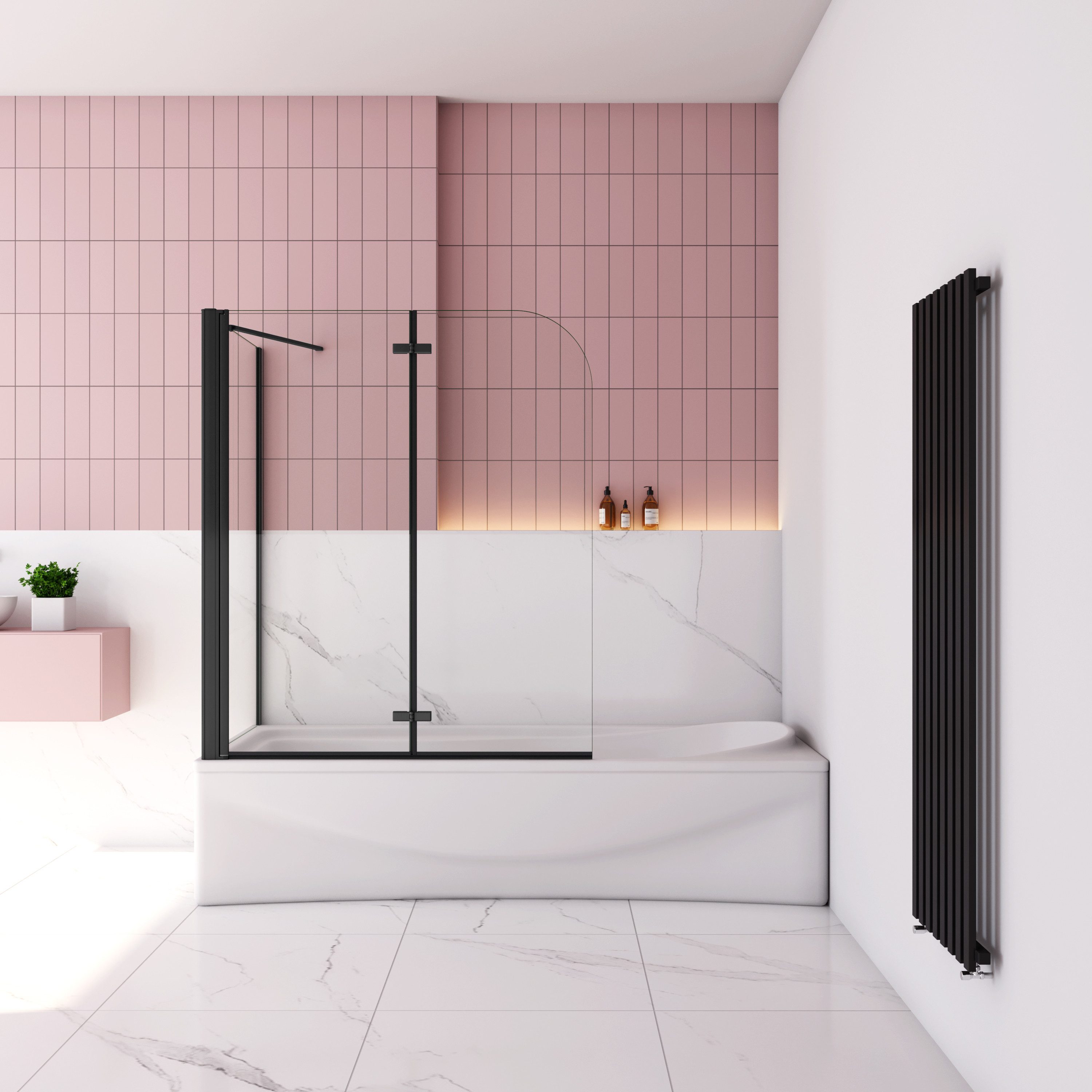 AICA Badewannenaufsatz 2-teilig Faltwand Drehfaltwand Chrom/Schwarz/weiß mit Seitenwand, Einscheibensicherheitsglas, Sicherheitsglas, mit Antikalk-Versiegelung,ebenerdiger Einbau möglich