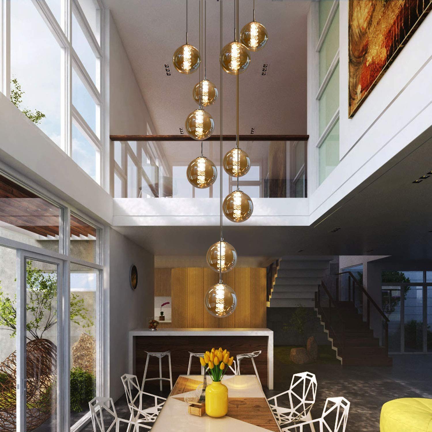 ZMH Pendelleuchte Esstisch 150CM Höhenverstellbar Pendellampe Kronleuchte Wohnzimmer, Glaskugel Hochwertige Design, LED wechselbar, 10-Flammig Bernstein Esszimmerlampe Schlafzimmer