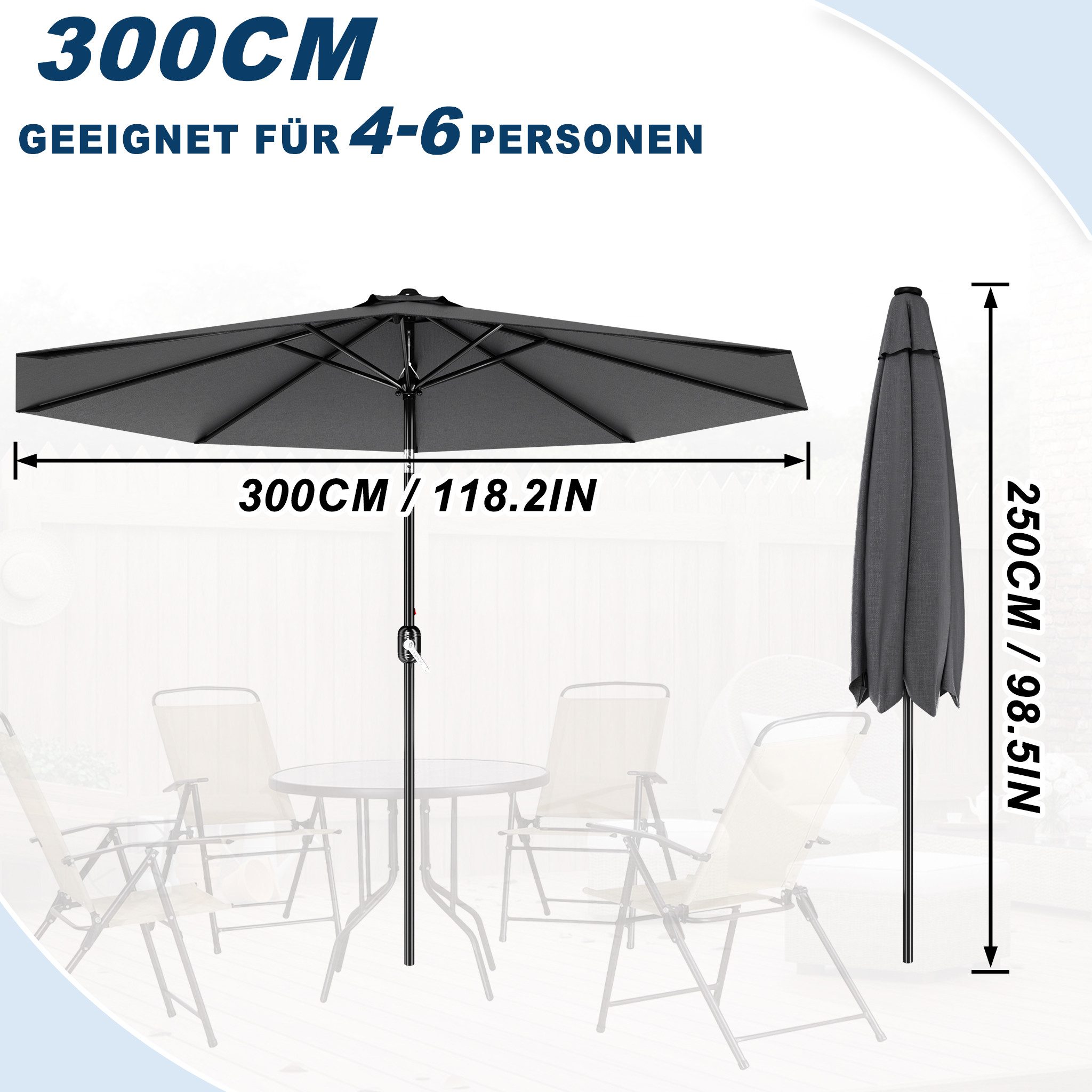 FIVMEN Sonnenschirm Gartenschirm mit Kurbel Terrassenschirm UV Schutz, Marktschirm aus Alu, Terrassenschirm für Balkon Garten
