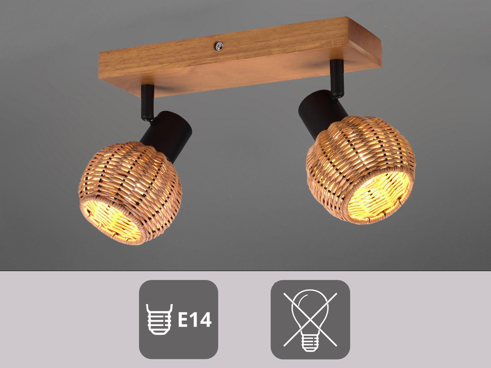 meineWunschleuchte Deckenstrahler Rattan-Lampe mit Holz, Breite 30cm, ohne Leuchtmittel, Innen Deckenleuchte, Korblampe skandinavisch mit 2 Strahler, Holzlampe – Bild 5 von 5