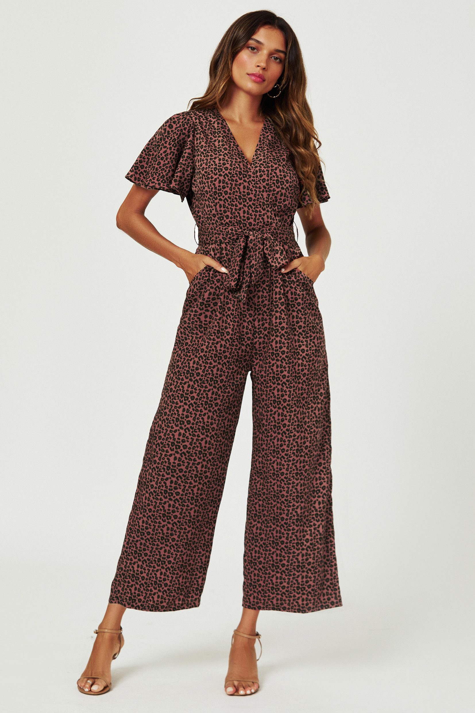 FS Collection Jumpsuit Damen Jumpsuit mit Wickeloberteil und weitem Bein (XS (EU:36 / UK:8) · S (EU:38 / UK:10) · M (EU:40 / UK:12) · L (EU:42 / UK:14) · XL (EU:44 / UK:16), 3 Farben: Rostrot, Schwarz, Grün) Wickeloptik, Statement-Print, elegante Silhouette