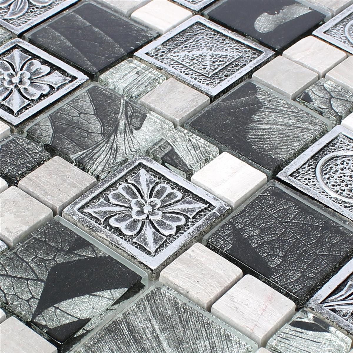 Mosafil Mosaikfliesen Mosaikfliesen Levanzo Glas Resin Ornament Mix, Naturstein-Resin-Glas 30.000x30.000, schwarz-grau-silber, Verlegefertig auf ein Netz geklebt