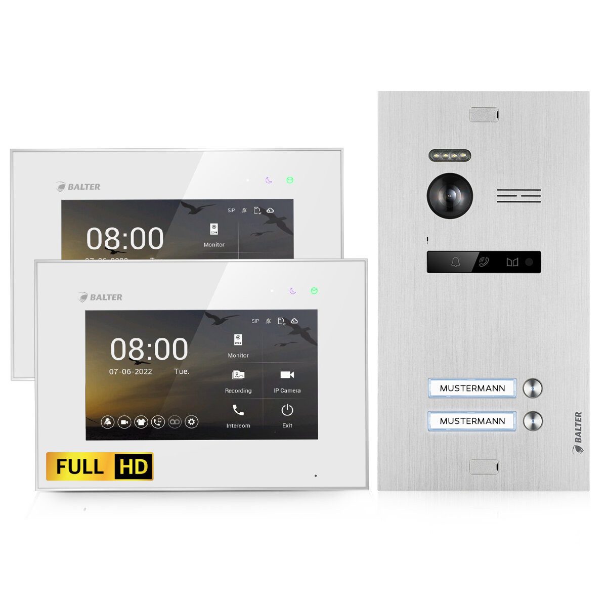 Balter Video-Türsprechanlage EVO-HD Komplettset 2-Familie Silber 2x 7" Monitor Weiß (Set, 2-Familienhaus, Komplettset, FullHD Kamera)