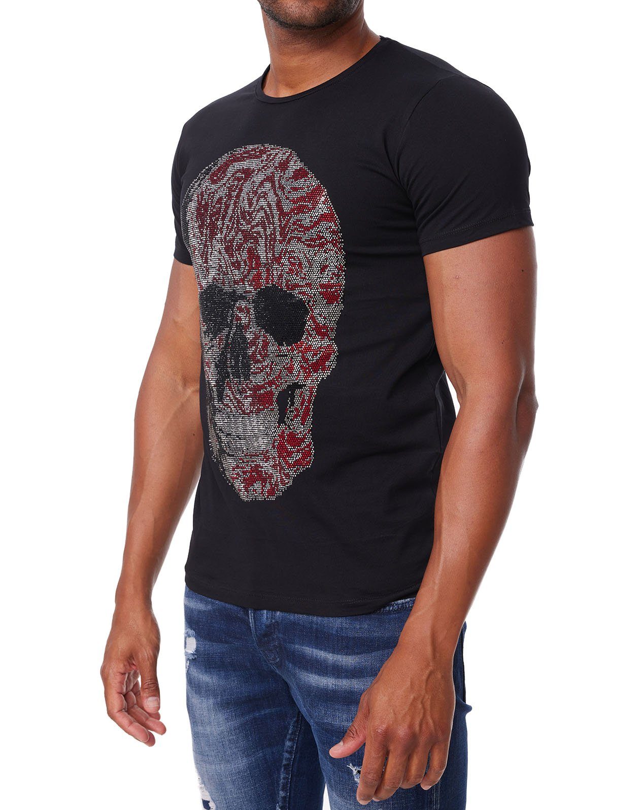 TRUENO Sommer T-Shirt Strass DH-T16 Herren mit Shirt Slim-Fit Totenkopf T-Shirt