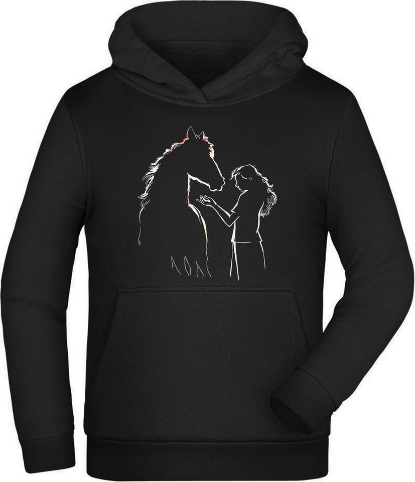 MyDesign24 Hoodie Kinder Kapuzen Sweatshirt - Pferde Hoodie Silhouette mit Frau Kapuzensweater mit Aufdruck i139