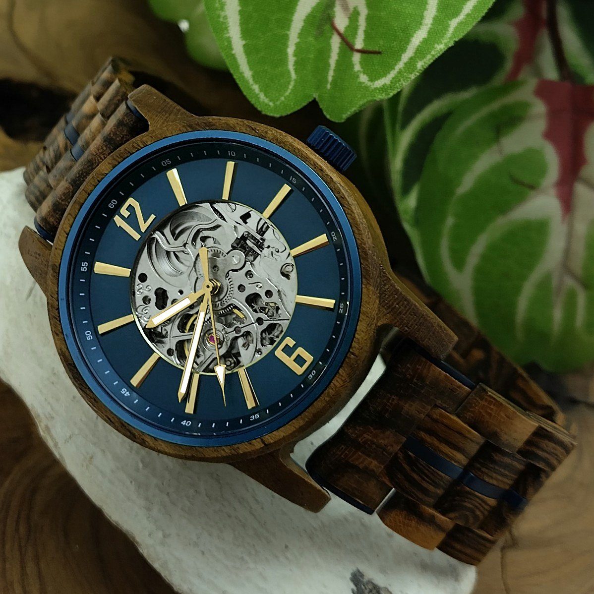 Holzwerk Automatikuhr CRIVITZ Herren Uhr in braun, Holz gold Armband blau, Edelstahl &