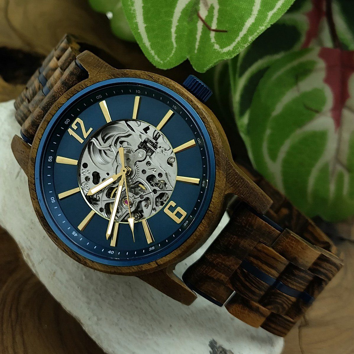 gold Herren Holz Armband Automatikuhr blau, Uhr Edelstahl CRIVITZ braun, & Holzwerk in