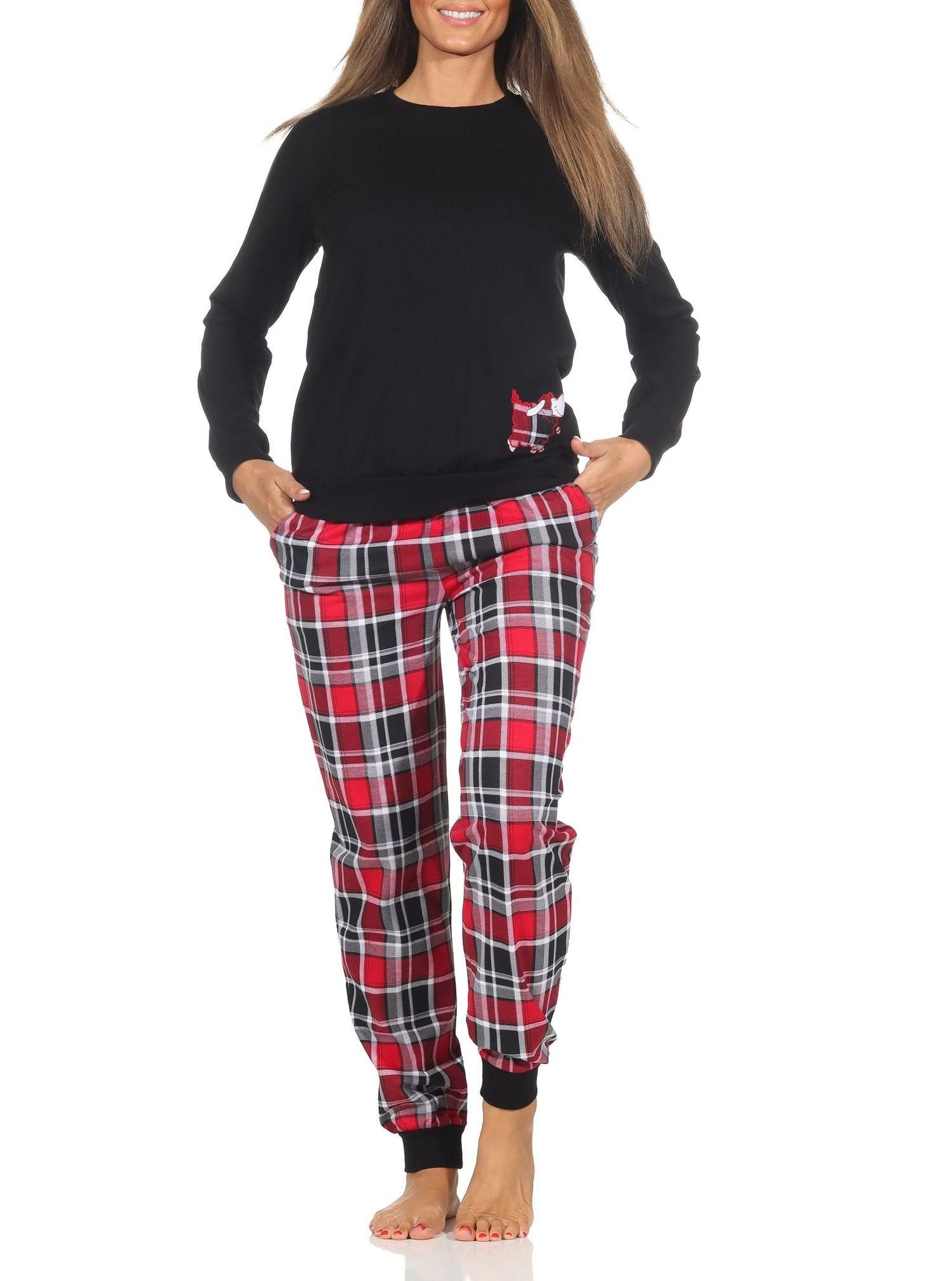 Normann Pyjama Damen Schlafanzug mit Bündchen mit Karohose und niedlichen Tiermotiv – Bild 2 von 4