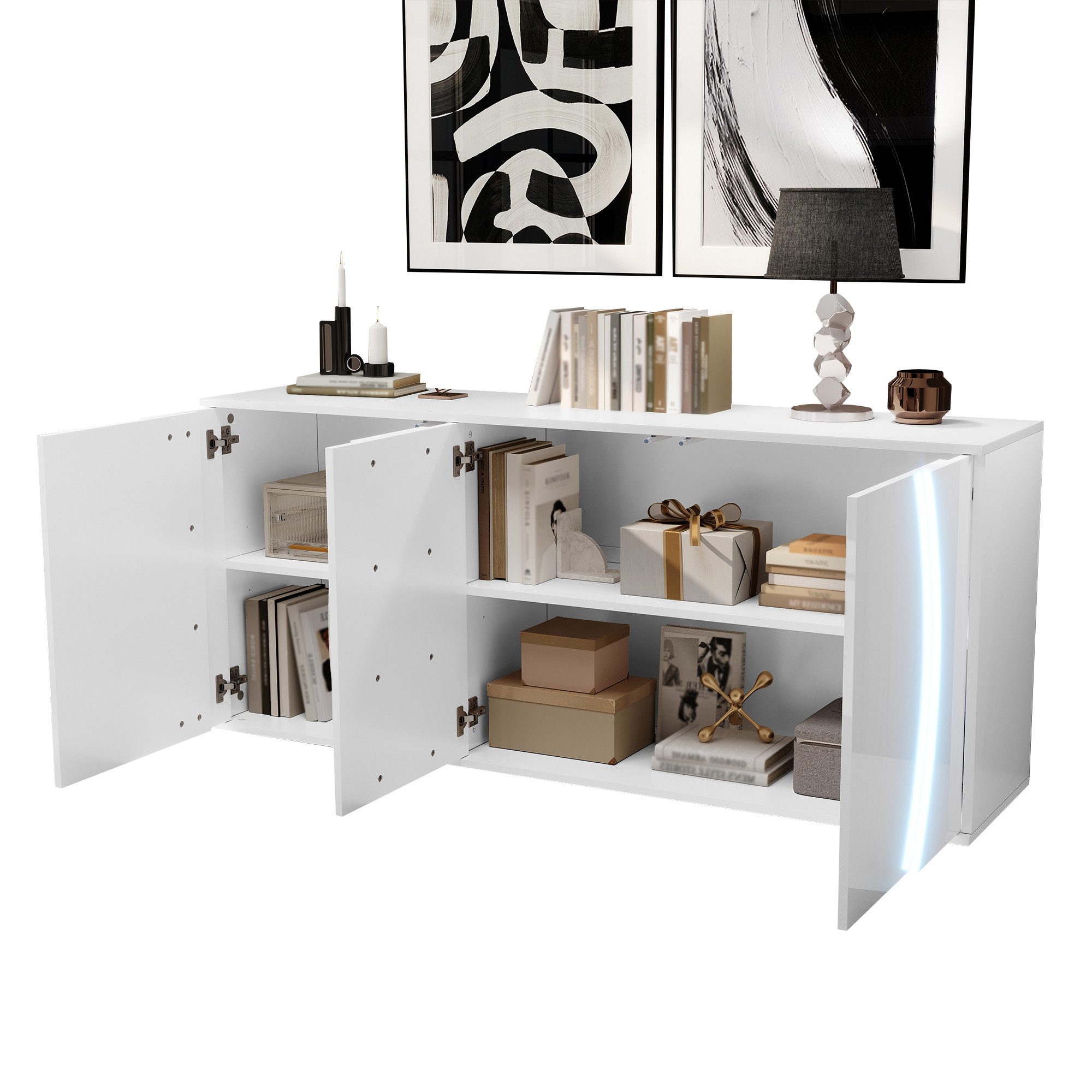 Merax Sideboard mit LED-Beleuchtung, Wohnzimmerschrank in Hochglanz Weiß (1 St), Kommode mit drei Türen und viel Stauraum, 150x40x70cm