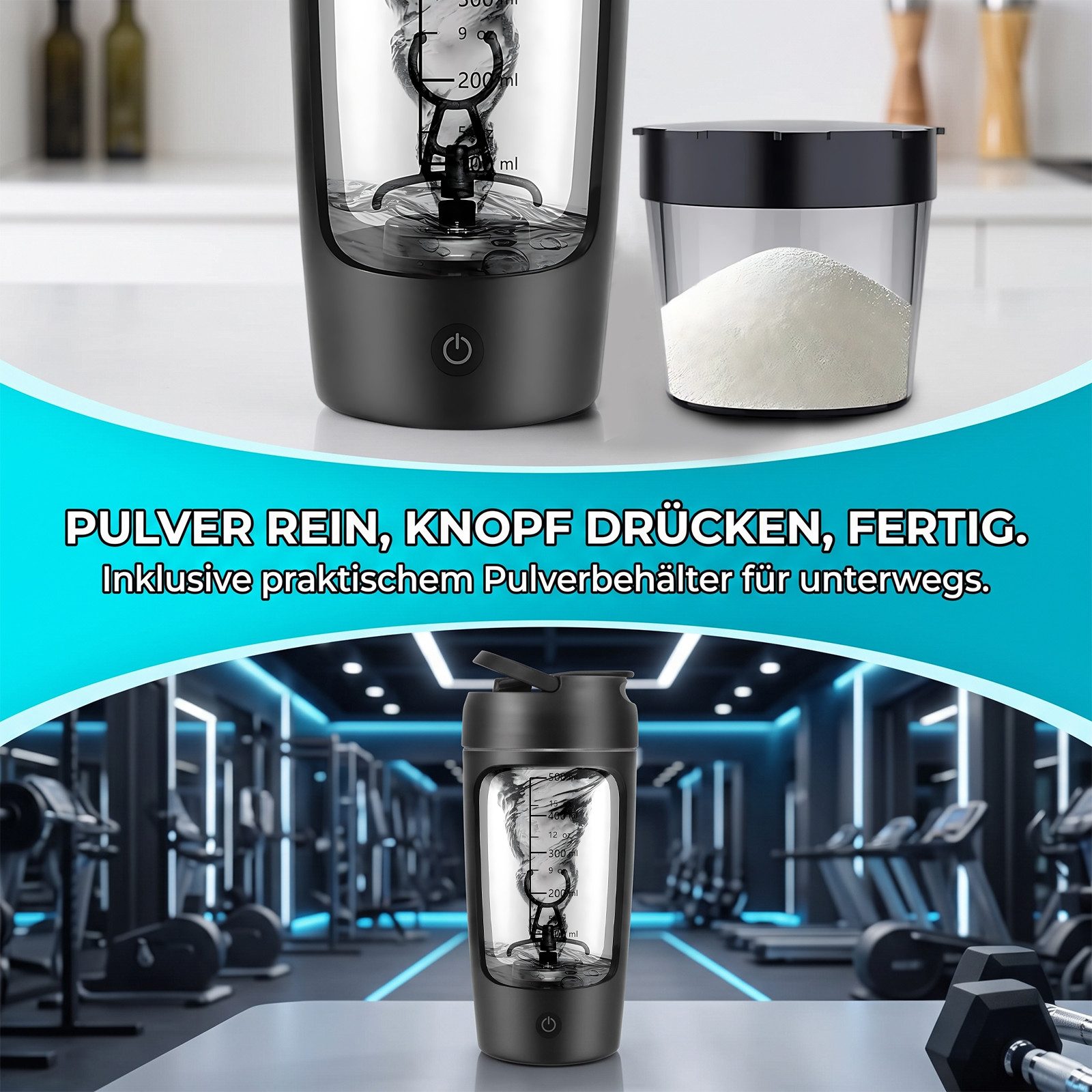AKKEE Elektrischer Shaker Protein Shaker Elektrisch mit Pulverfach 650 ML BPA-freier, Vollautomatische Mischung