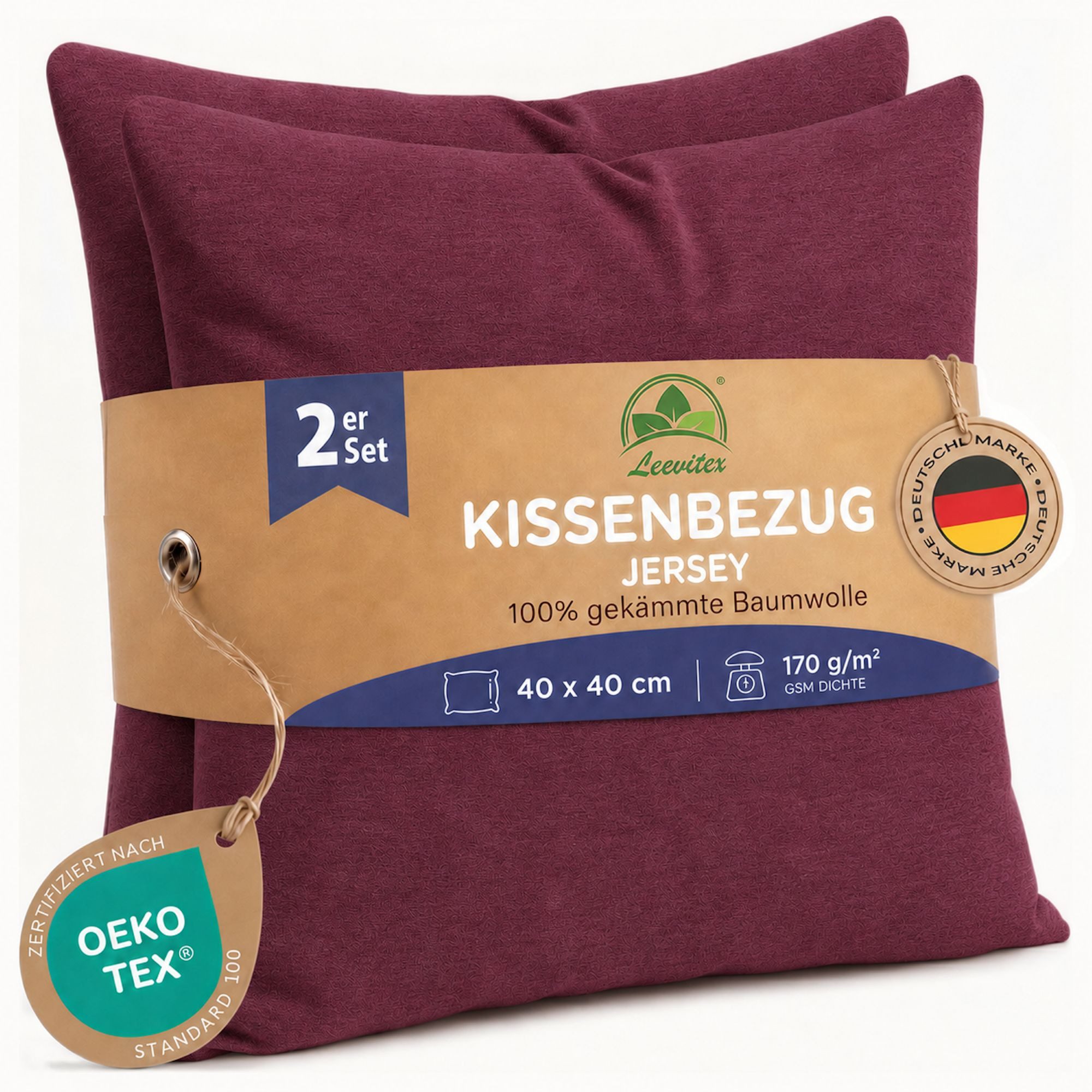 leevitex® Kissenbezüge Kissenbezug 40 x 40 cm, 2er Set, Weinrot/Bordeaux, (2 Stück), feine Jersey-Qualität, 100% Baumwolle, robuster Reißverschluss