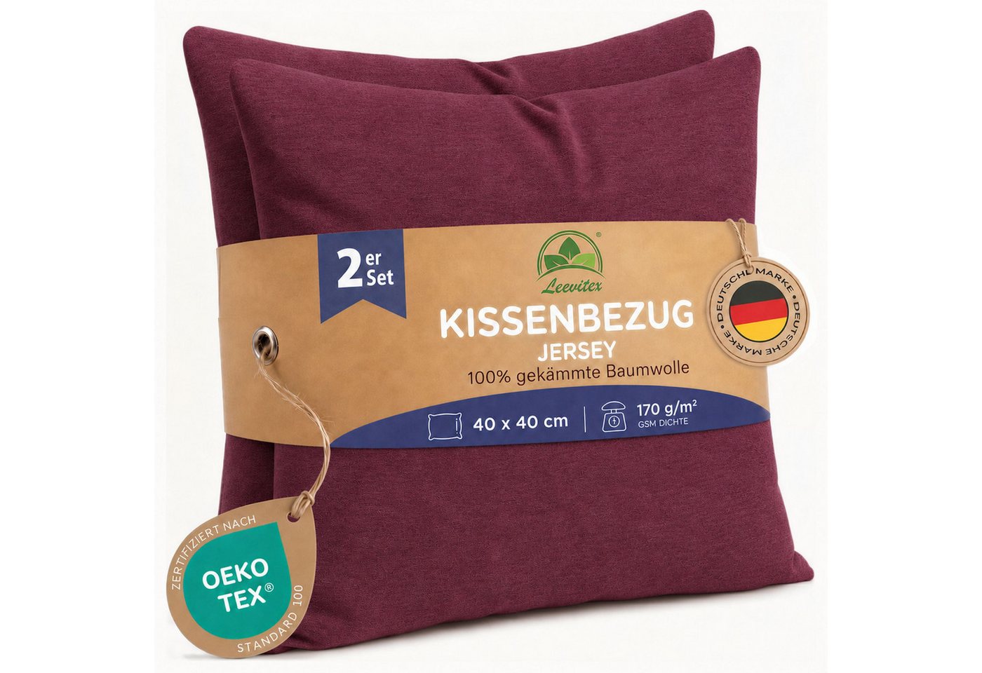 leevitex® Kissenbezüge Kissenbezug 40 x 40 cm, 2er Set, Weinrot/Bordeaux, (2 Stück), feine Jersey-Qualität, 100% Baumwolle, robuster Reißverschluss