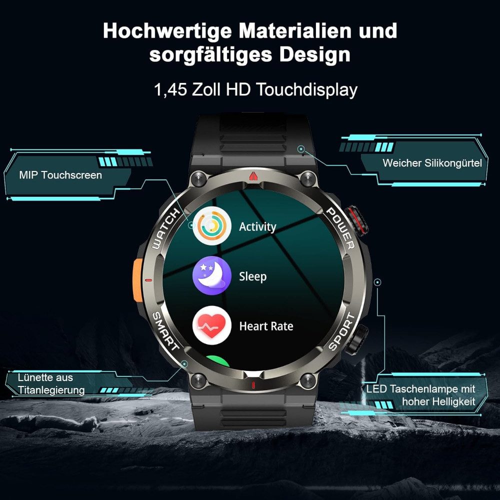 IOWODO Herren's und Damen's Fitness-Tracker IP68 Wasserdicht Telefonie Smartwatch (3.6 cm/1.39 Zoll, Android iOS), mit Bluetooth Anruffunktion 24/7 SpO2 + Schlafanalyse, 100 Sportmodi