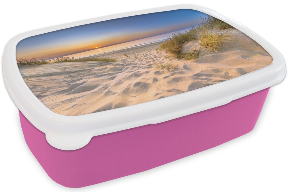 Düne Erwachsene, - - Kinder, - - Strand (2-tlg), Gras, Kunststoff, Brotdose Brotbox für Lunchbox MuchoWow rosa Sonnenuntergang Kunststoff Horizont Mädchen, Snackbox,