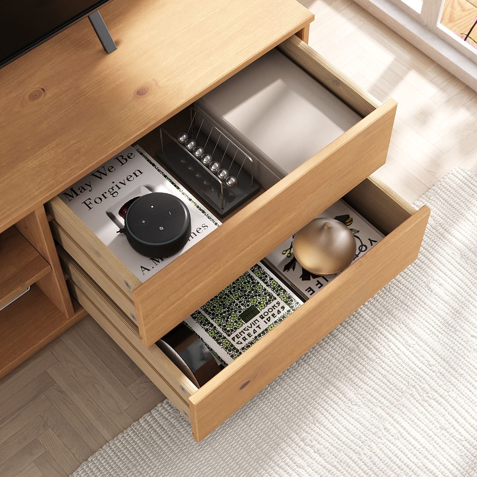 IDIMEX Lowboard MAITE, TV Lowboard in Eiche farben aus Massivholz 110cm 2 Schubladen und Abla