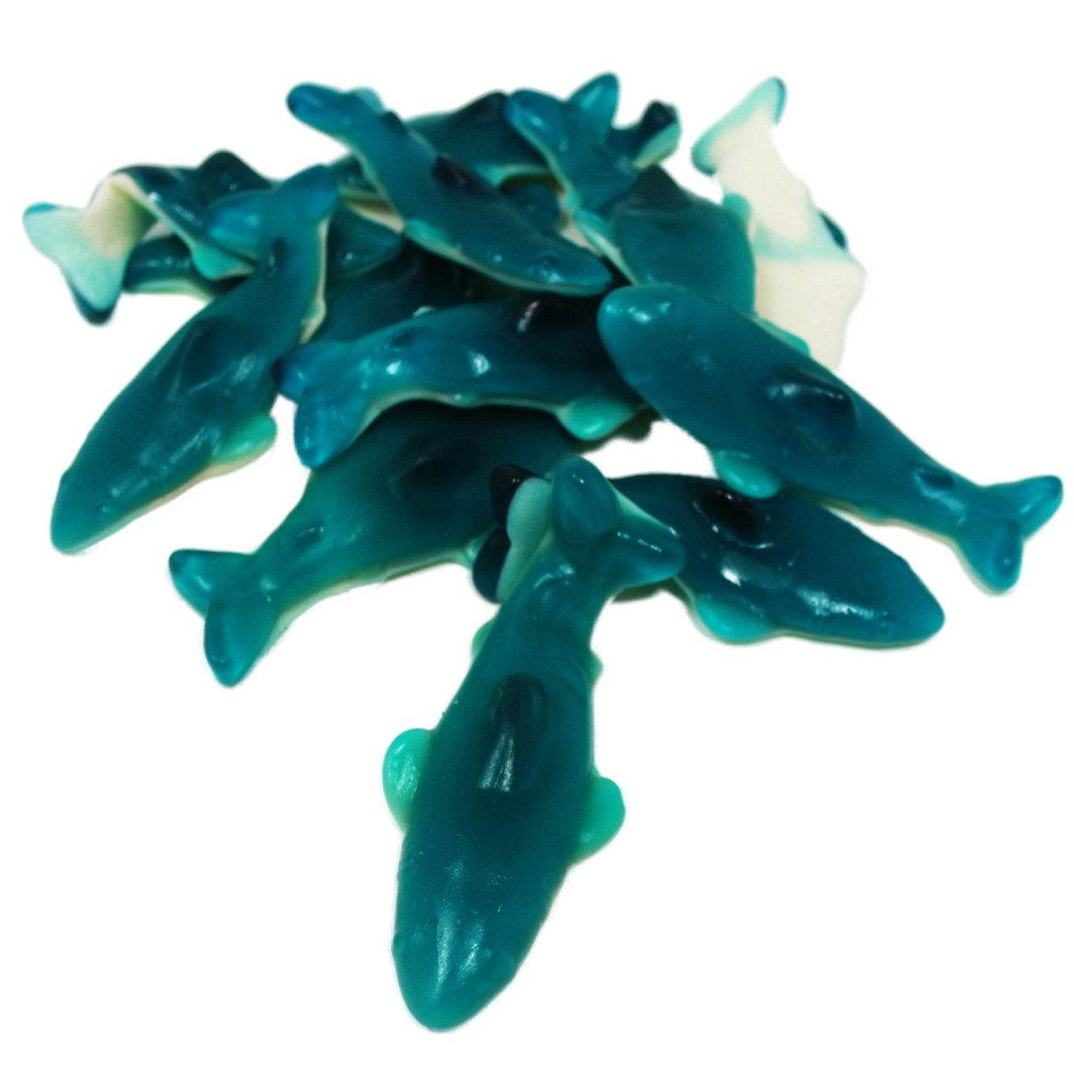 Fruchtgummi Bären & Co. Süßigkeit, Fruchtgummi Riesen XL blaue Haie mit Pfirsich Geschmack 300g