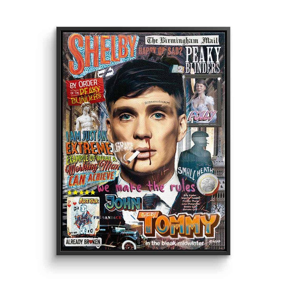 DOTCOMCANVAS® Leinwandbild, Tommy Shelby Peaky Blinders Leinwandbild Pop Art Collage Porträt schwarzer Rahmen