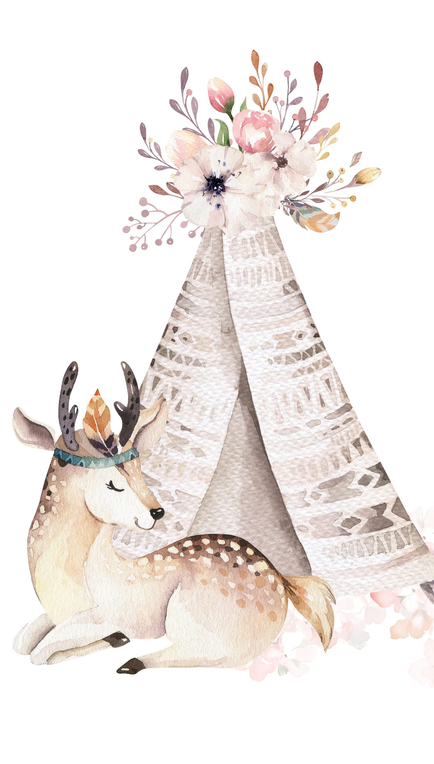 Rasch Fototapete Kinderzimmer mit Reh und Tipi mit Blumenschmuck in Rosa, strukturiert, gemustert, (1 Rolle, 1 St), Aquarell-Optik