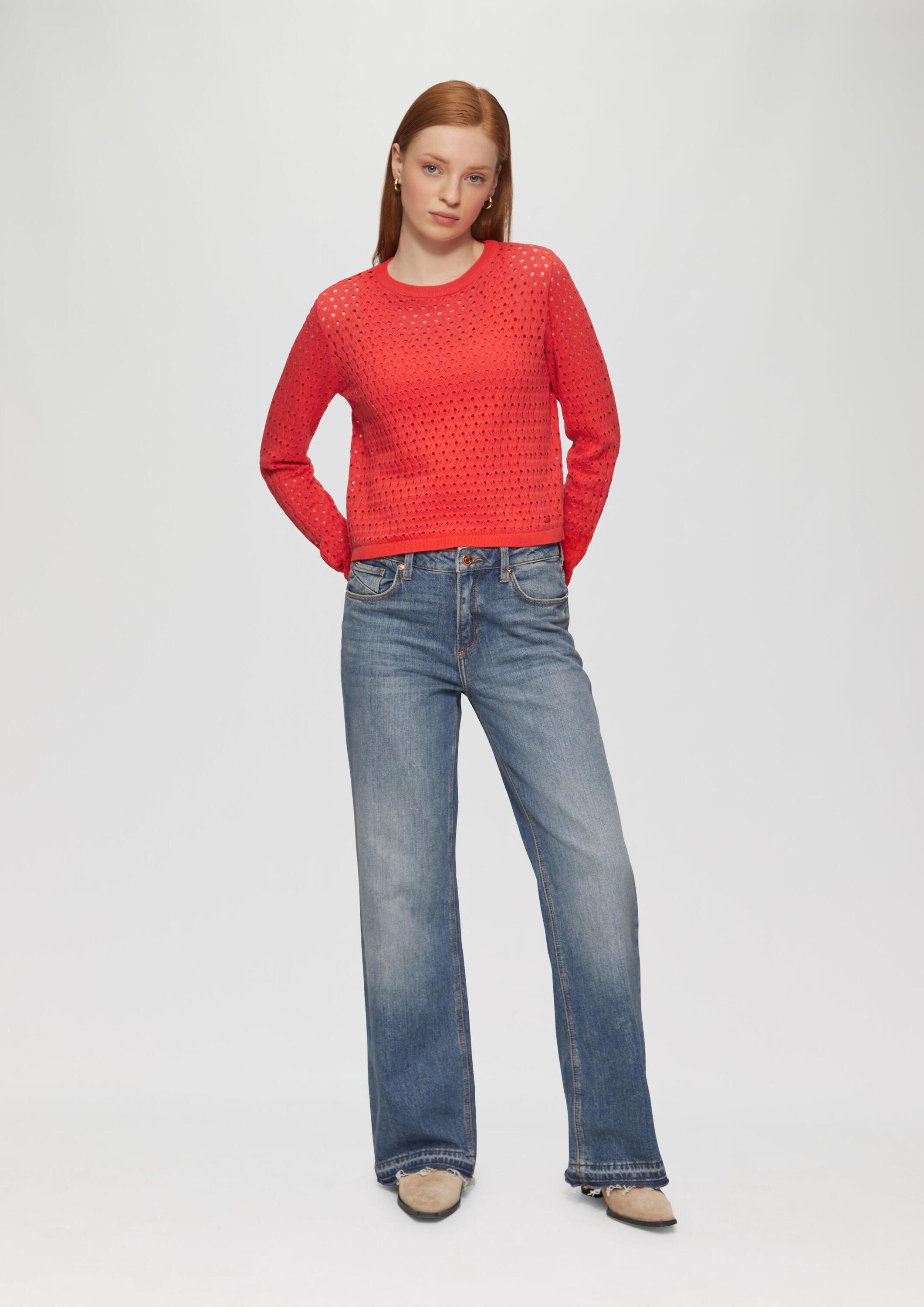 QS Langarmshirt T-Shirt Leichter Baumwollpullover mit Ajourmuster