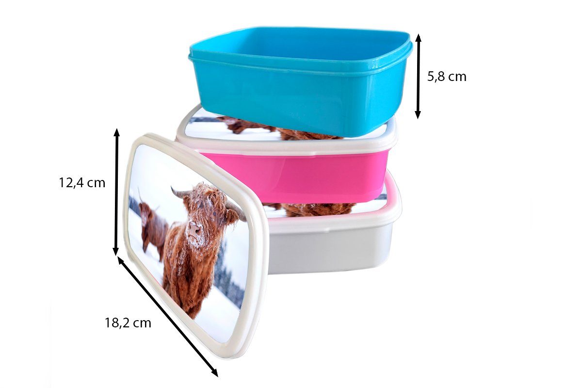 MuchoWow Lunchbox Schnee Erwachsene, Brotdose Mädchen, Schneeflocke Schottischer - rosa Brotbox Kunststoff, Snackbox, Fell, Kunststoff Highlander Kinder, - (2-tlg), für 