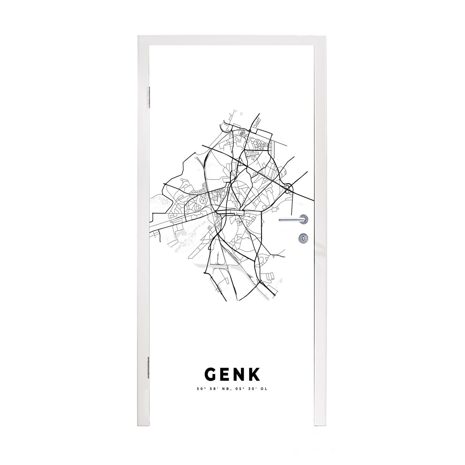 MuchoWow Türtapete Karte - Stadtplan - Genk - Belgien - Schwarz und weiß, Matt, bedruckt, (1 St), Fototapete für Tür, Türaufkleber, 75x205 cm