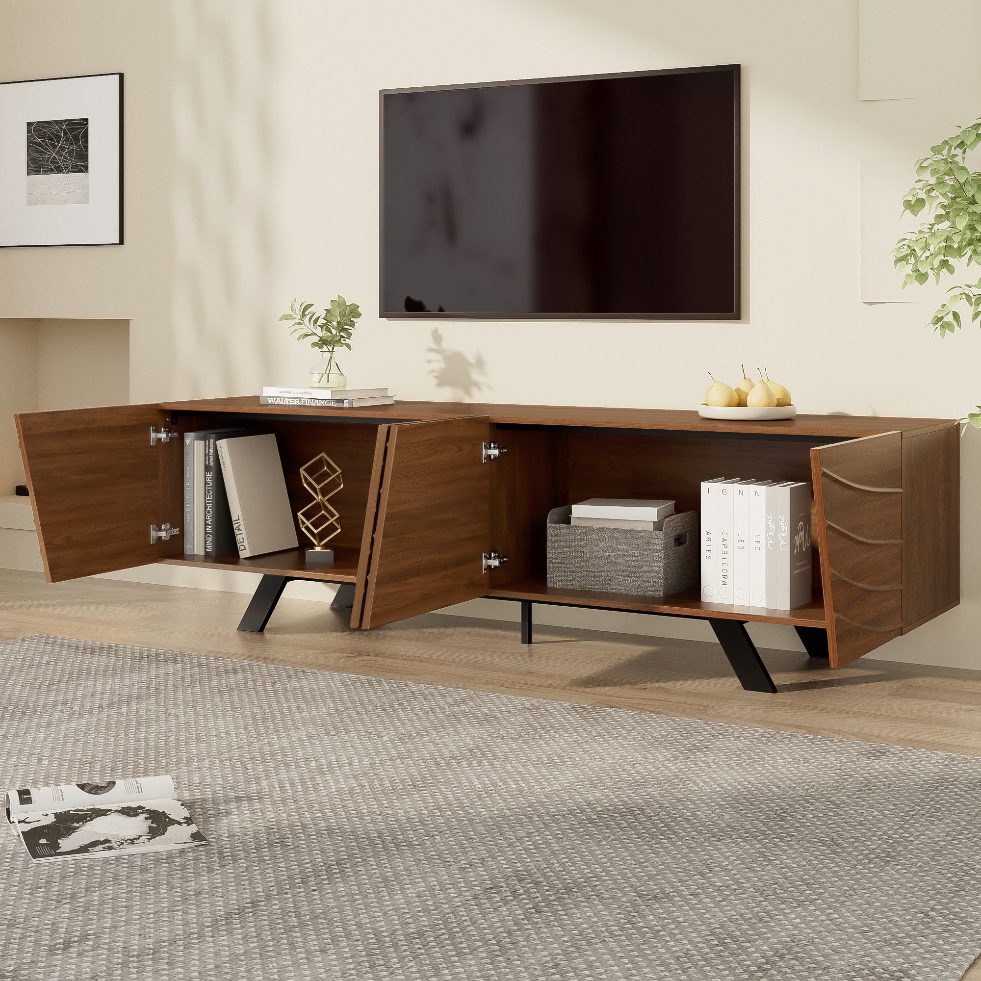REDOM Lowboard TV-Schrank 160x39x50,5 cm Walnuss mit Wellenfront und Eisenbeinen (Packung, 1 St., MDF), mit schwarzen Eisenbeinen, Kabelmanagement und Ablage