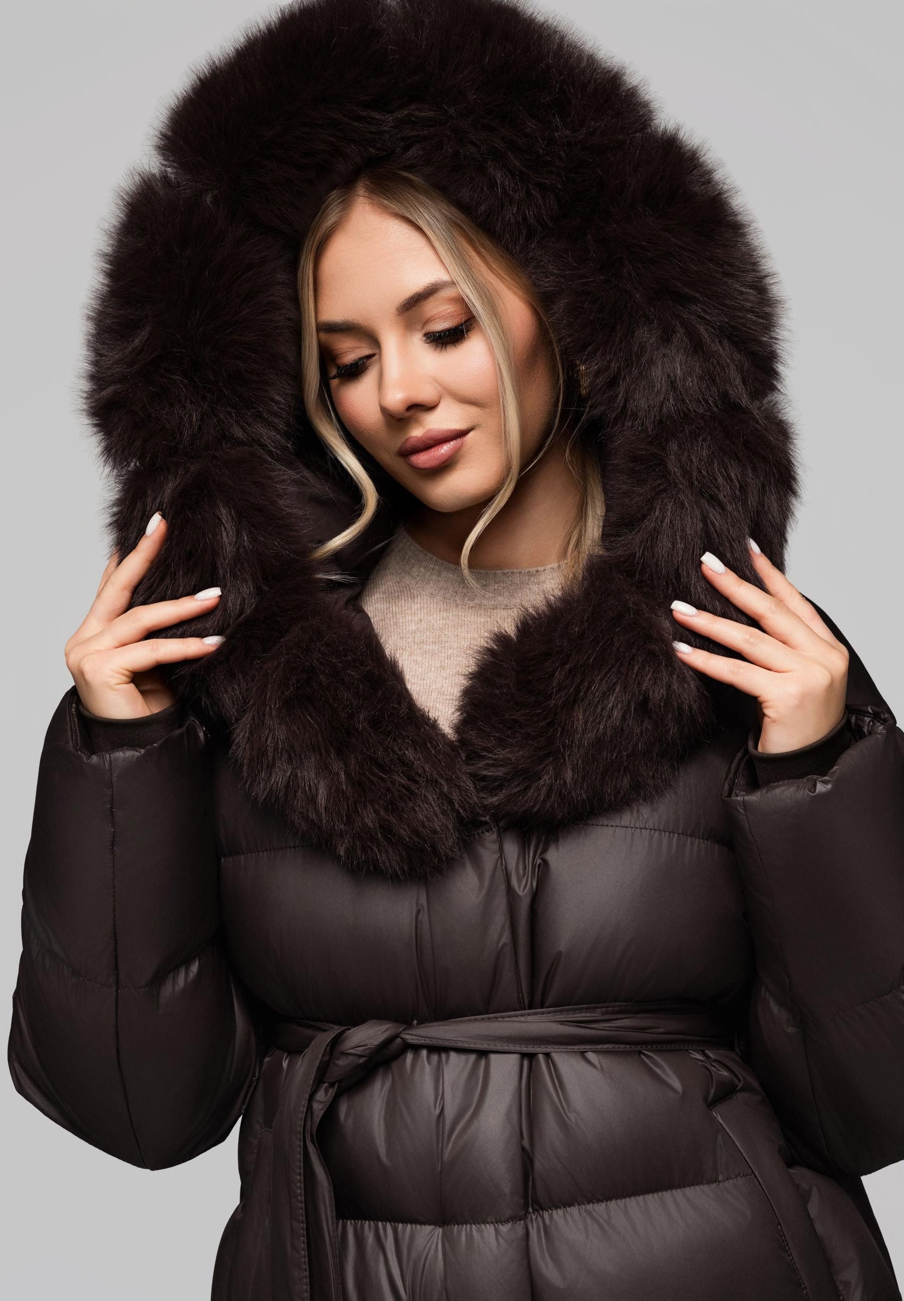 OMBRE Winterjacke Warme Damen Steppjacke mit Gürtel und abnehmbarem Kunstpe günstig online kaufen