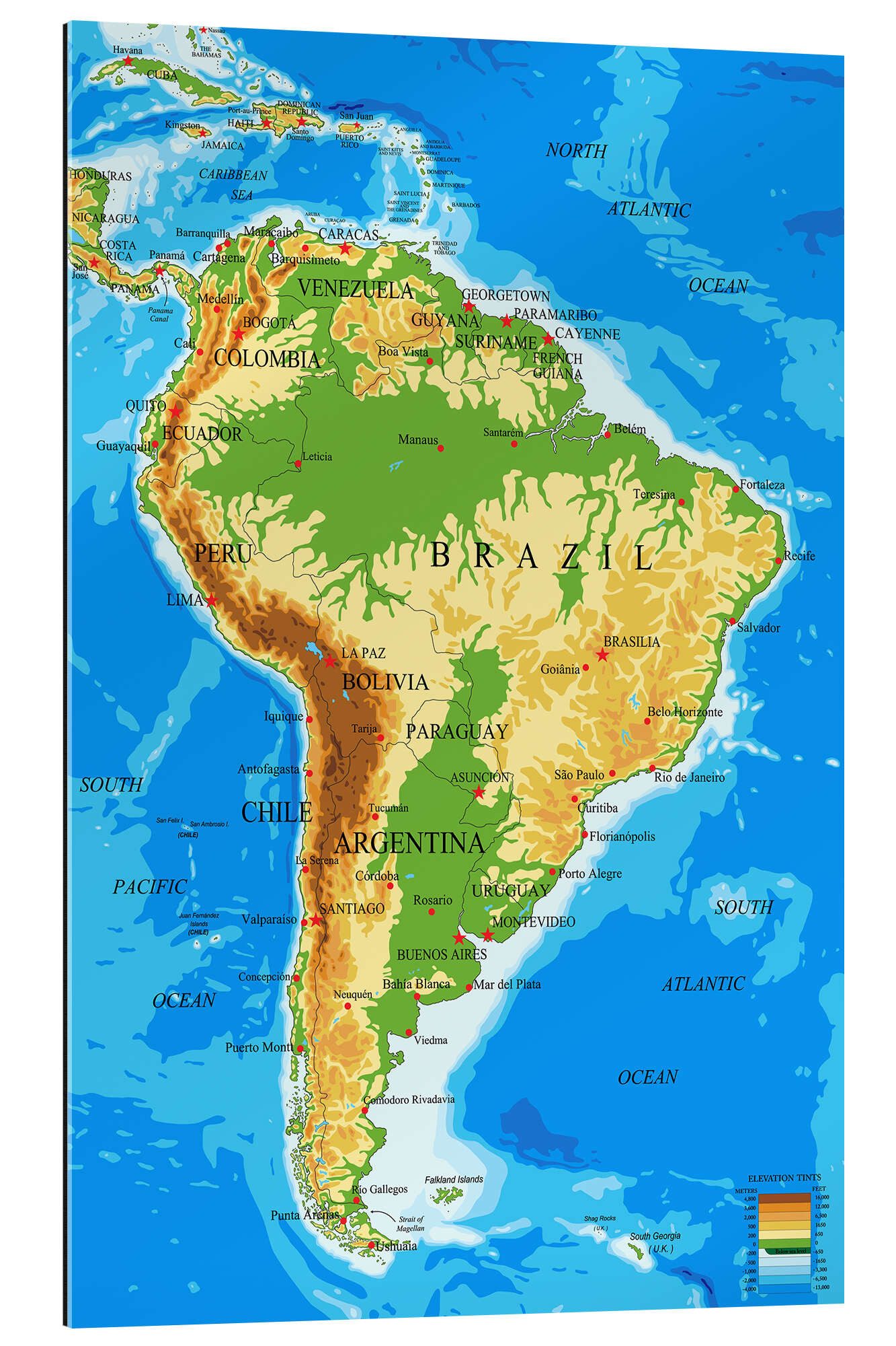 Posterlounge Wandbild Südamerika - Topographische Karte, Editors Choice, erhältlich als Poster, Leinwandbild, Wandsticker oder Acrylglasbild