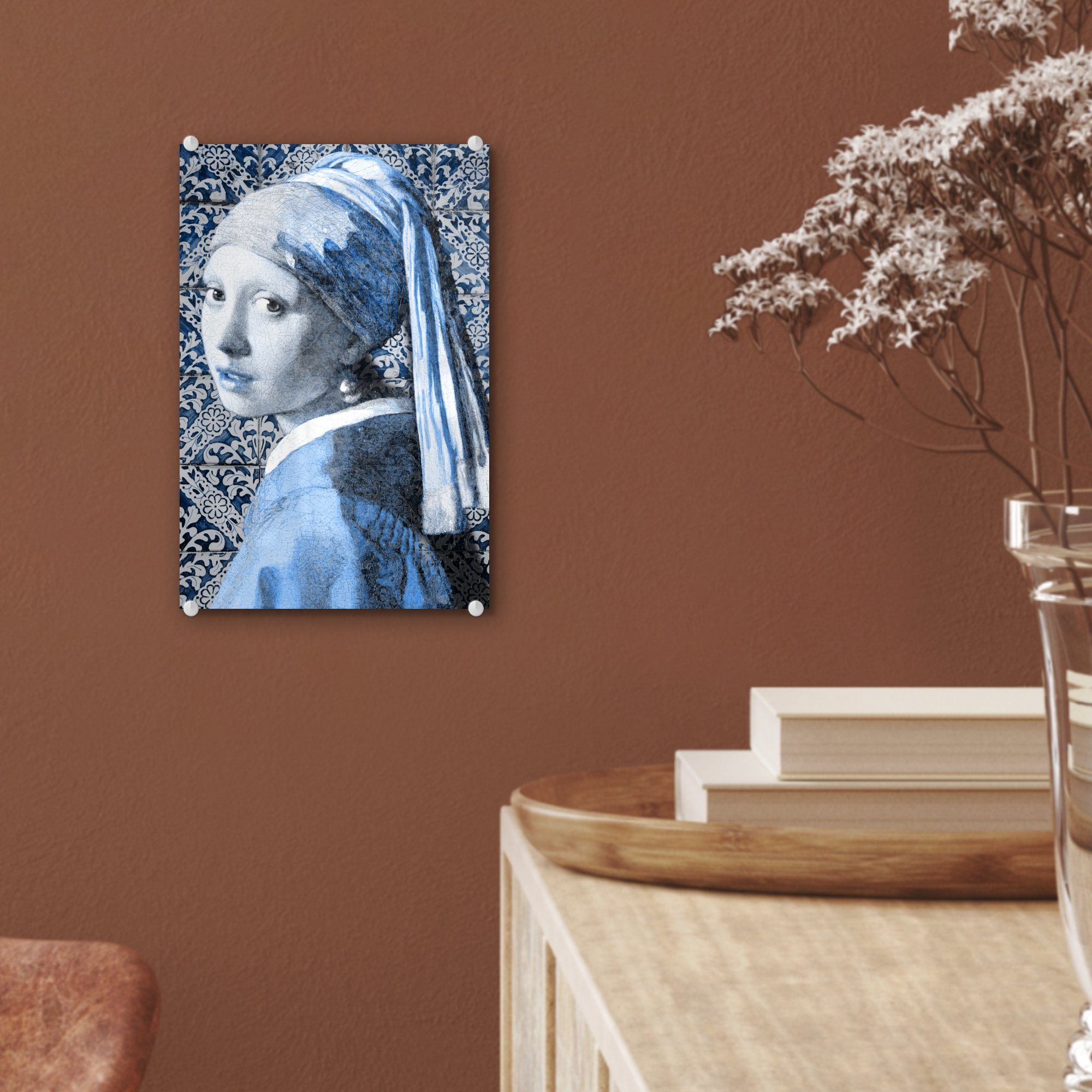 Wandbild - St), Foto (1 Mädchen Glas Vermeer Acrylglasbild Johannes Bilder Wanddekoration Delfter Blau, auf - mit Glasbilder auf Perlenohrring - MuchoWow Glas - -