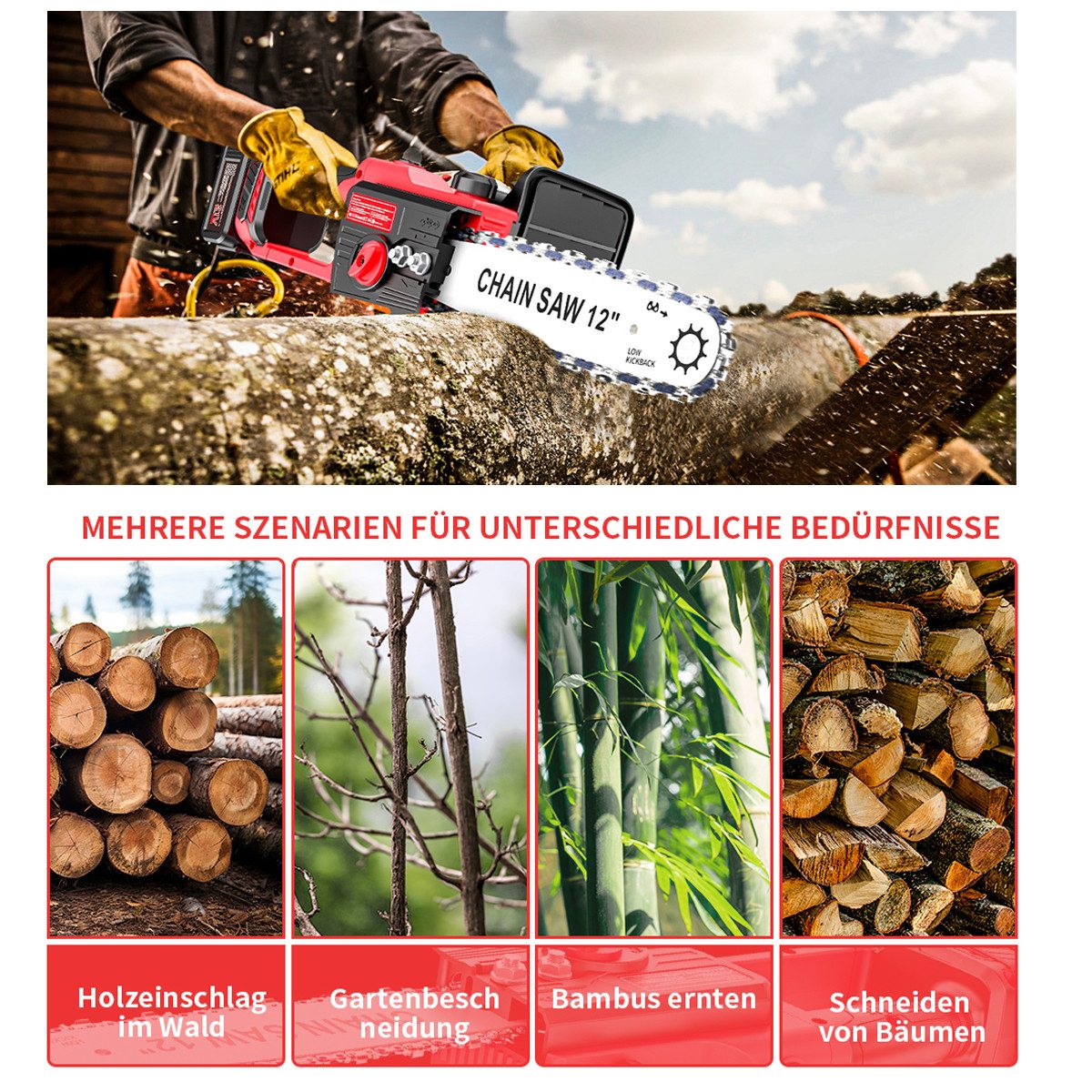 AeroAxis Akku-Kettensäge 12 Zoll 1300W Bürstenlose Elektro-Kettensäge mit 2 günstig online kaufen