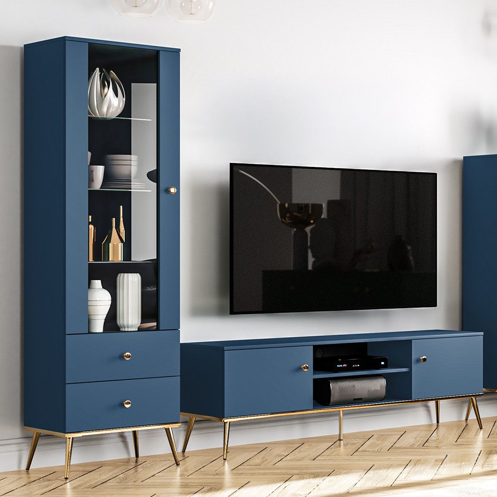 Lomadox Wohnwand MONTPELLIER-131, (2-St), dunkelblau, inkl. LED-Beleuchtung, Füße & Griffe goldfarben