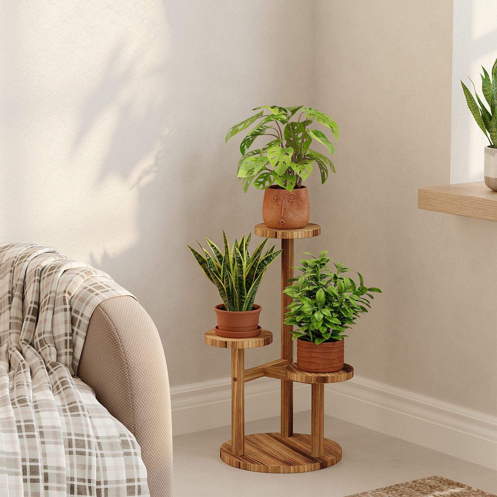 Bamworld Blumenständer platzsparender Pflanzenregal für Wohnzimmer & Garten, Blumentreppe (1 St), Holzblumenständer 3-stöckig, 33x54 cm