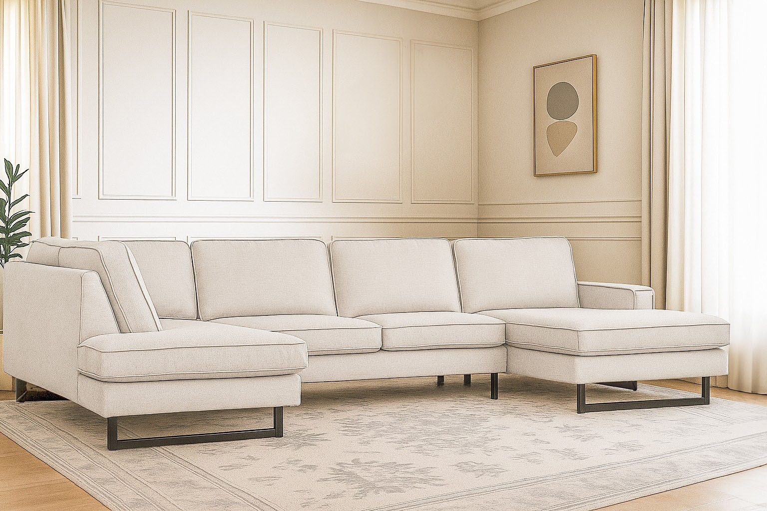 Home affaire Wohnlandschaft Pinto, 350 cm, U-Form, XXL, mit Ottomanen, Cord, Chenille, Lederoptik, mit Keder, Metallfüße, Wellenunterfederung