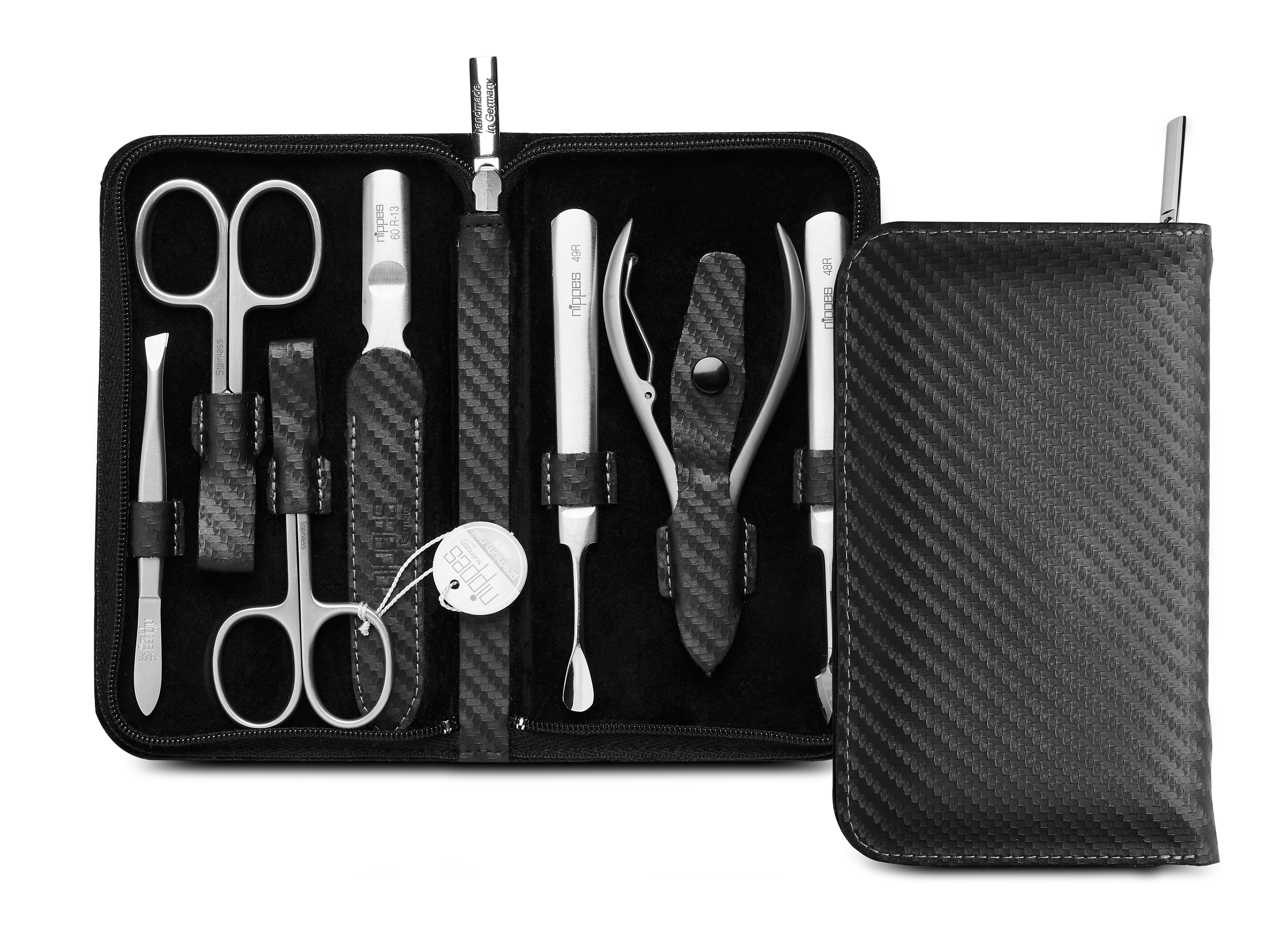 nippes Solingen Maniküre-Etui Maniküre-Set Karbon 7-tlg. Nickelfreier Edelstahl, Nagelzange, 7 tlg., echtes Leder