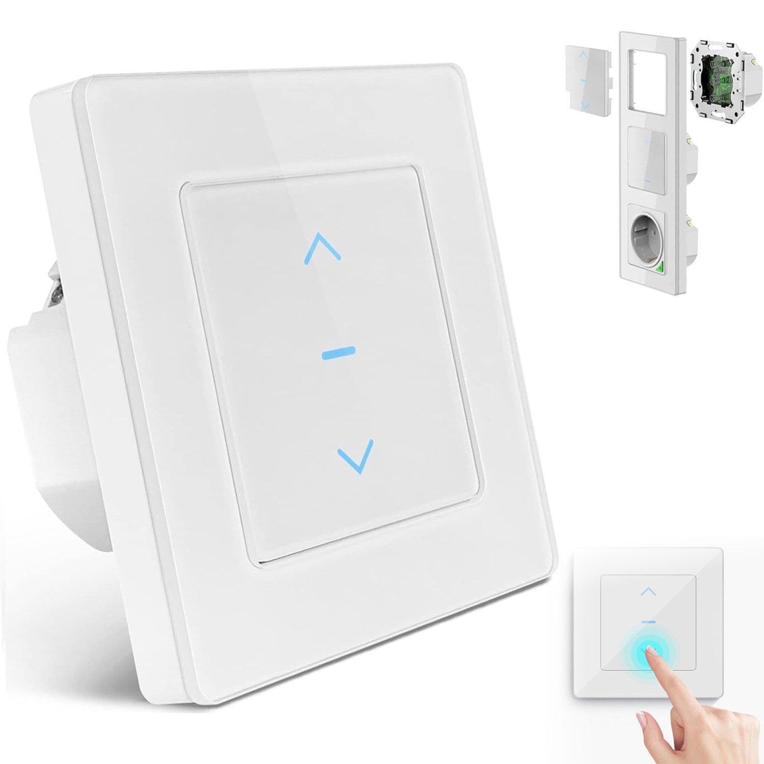 OKWISH Переключатель WLAN Rollladenschalter Smart Home Touch Panel (Jalousienschalter Vorhangschalter Kabelloser WLAN-Bereich 30 m (innen), 1-St., 2,4GHz WLAN mit Zeitplan Funktion Überlastschutz Touch-Bedienung), kompatibel mit Einzelrahmen und Mehrfachrahmen