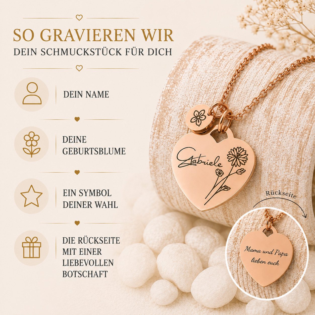 BS Schmuckdesign Kette mit Anhänger mit Gravur Personalisierte Halskette Damen Herzkette Name und Monatsblume Gravur (inkl. Gravur), vollständig personalisierbar inkl. Geschenkbox