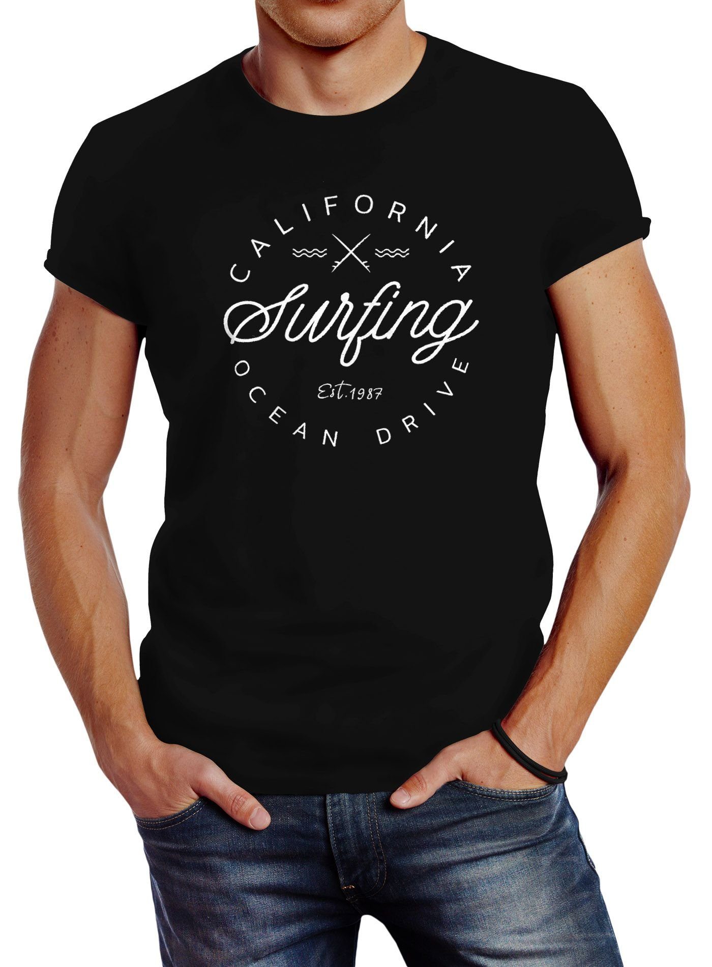 Neverless Print-Shirt Herren T-Shirt California Surfing Ocean Drive Summer  Slim Fit Neverless® mit Print