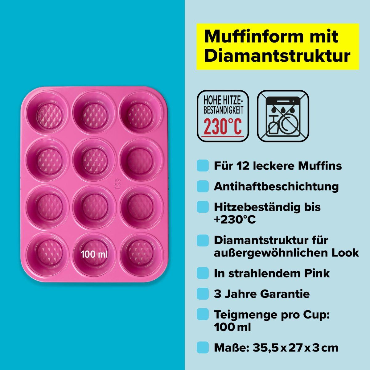 Tasty Muffinform 12er Set, Pinke Backform mit Diamantstruktur für Muffins & Cupcakes