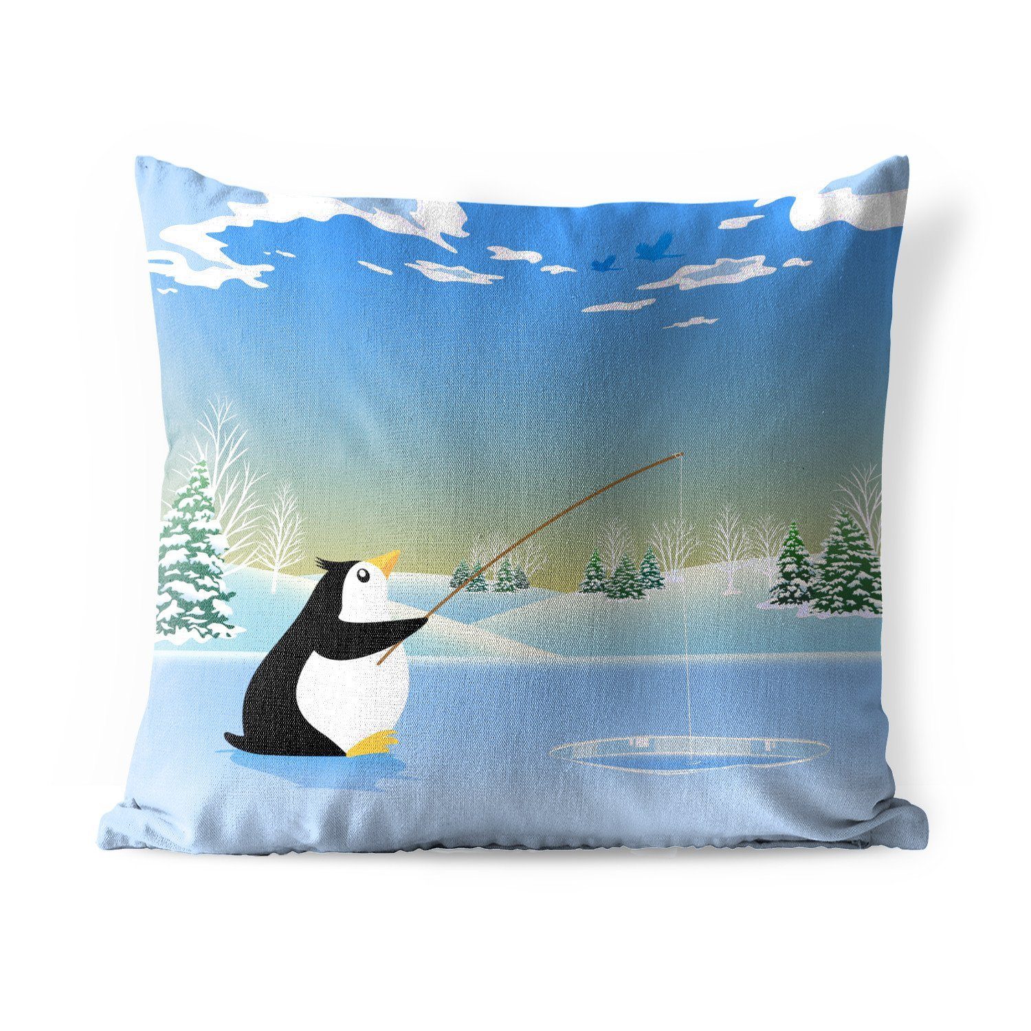 MuchoWow Dekokissen Illustration eines fischenden Pinguins, Kissenbezüge, Kissenhülle, Dekokissen, Dekokissenbezug, Outdoor | Dekokissen