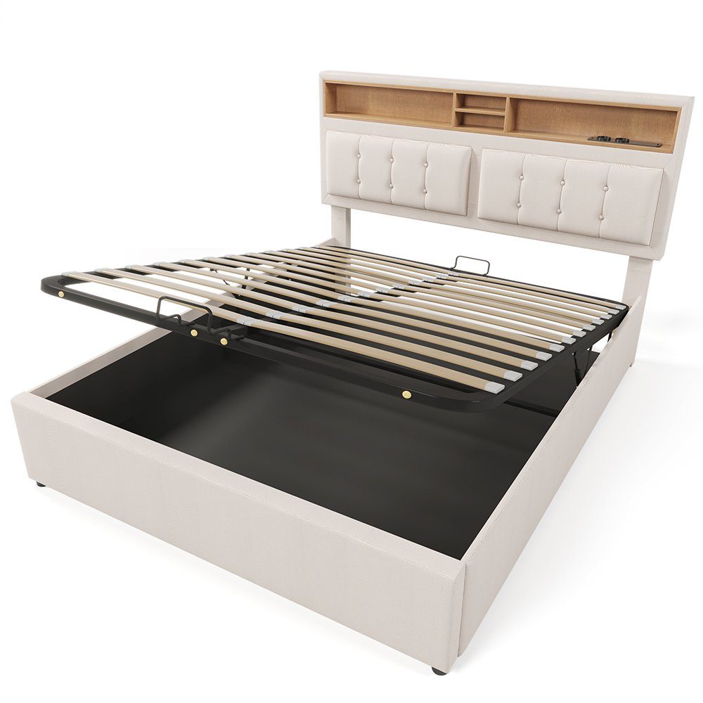 Polsterbett (Hydraulisches Stauraumbett mit Lattenrost und Matratze), Doppelbett 140x200cm mit USB Typ C Ladefunktion Kopfteil, Leinen