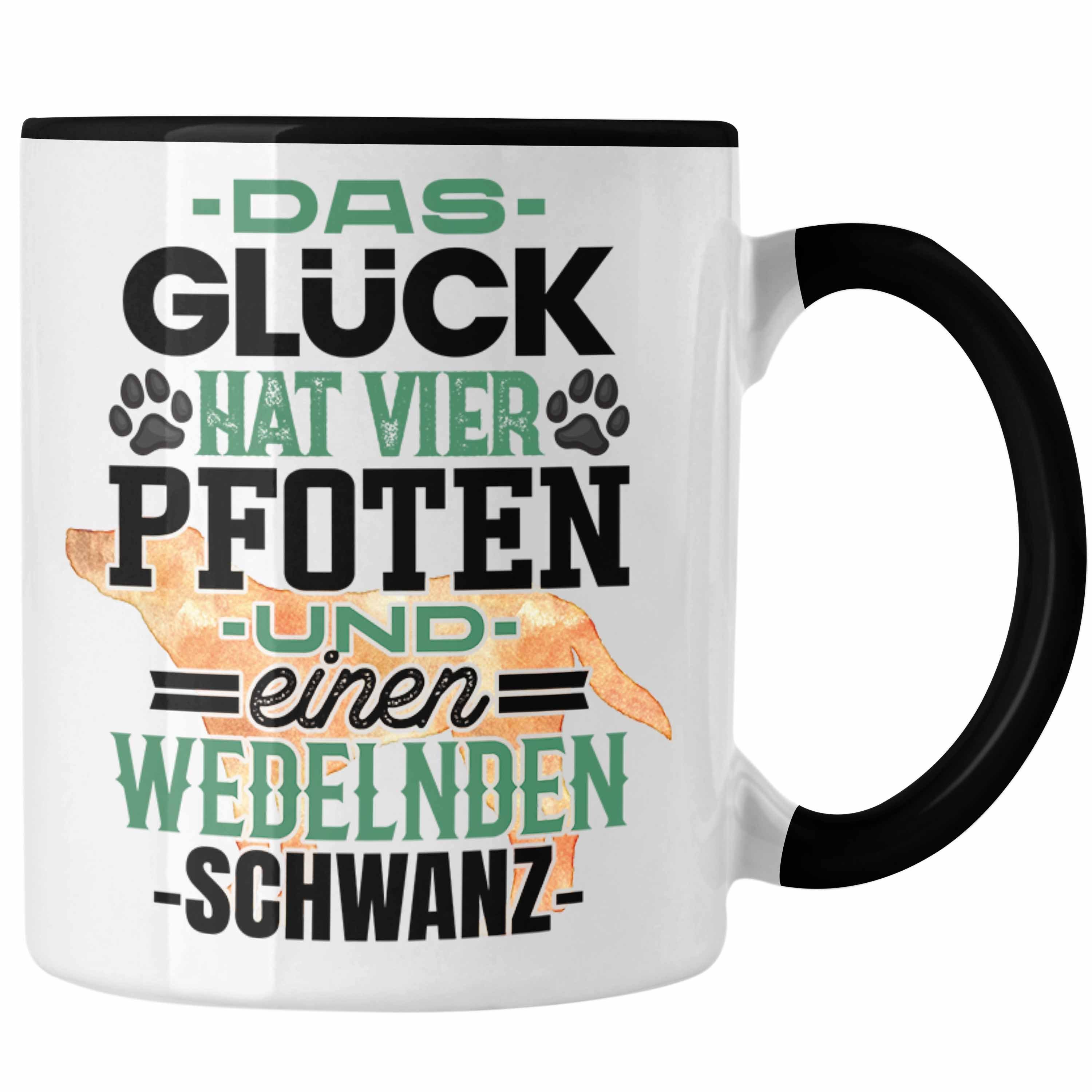 Trendation Tasse Hundebesitzer Tasse Geschenk Kaffee-Becher Glück Hat 4 Pfoten und Wede Schwarz