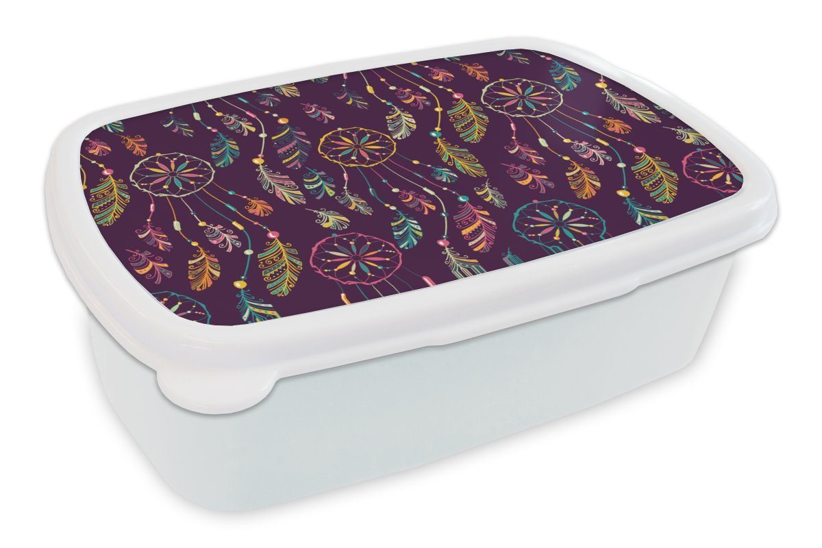 MuchoWow Lunchbox Traumfänger - Federn - Muster - Regenbogen - Boho, Kunststoff, (2-tlg), Brotbox für Kinder und Erwachsene, Brotdose, für Jungs und Mädchen weiß